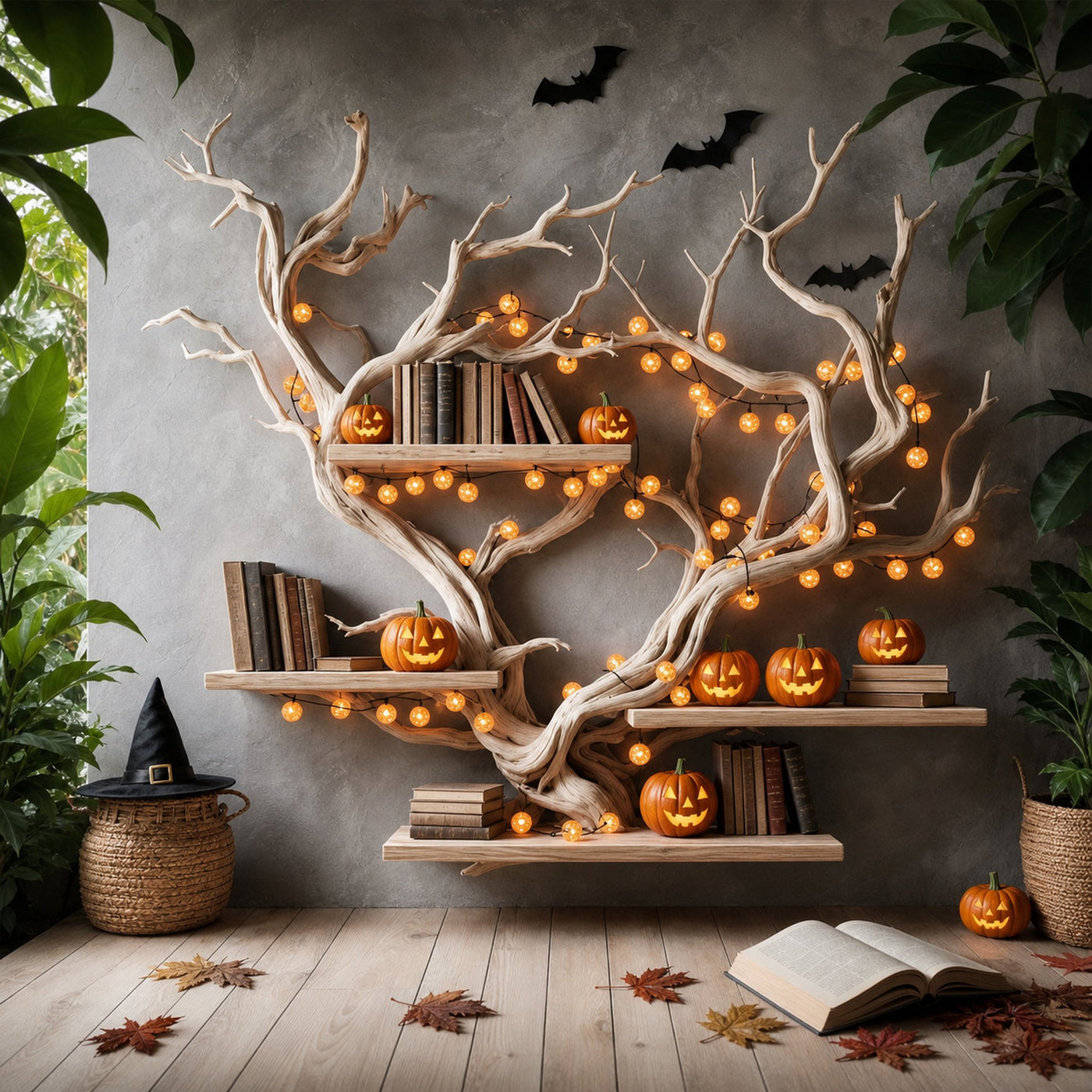 Rustic Tree Branch Bookshelf Halloween Wall Shelf Living Room Decor