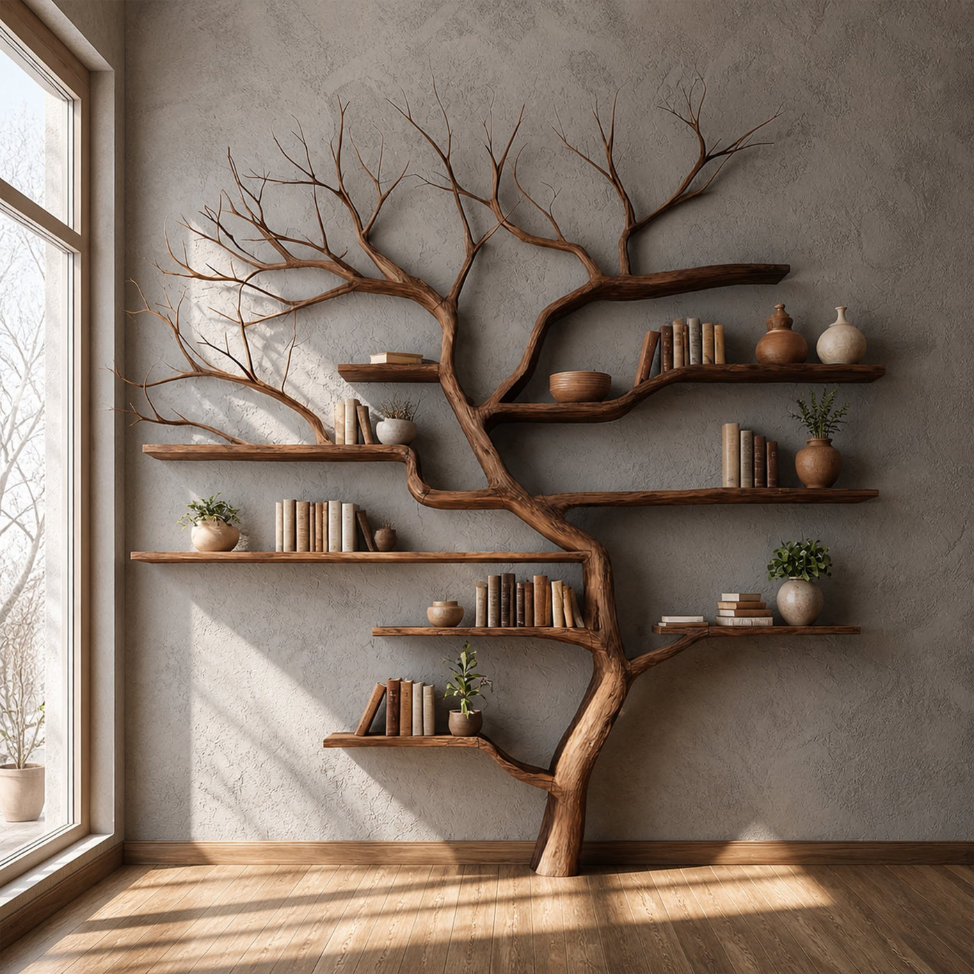 Rustic Tree Branch Bookshelf Living Wall