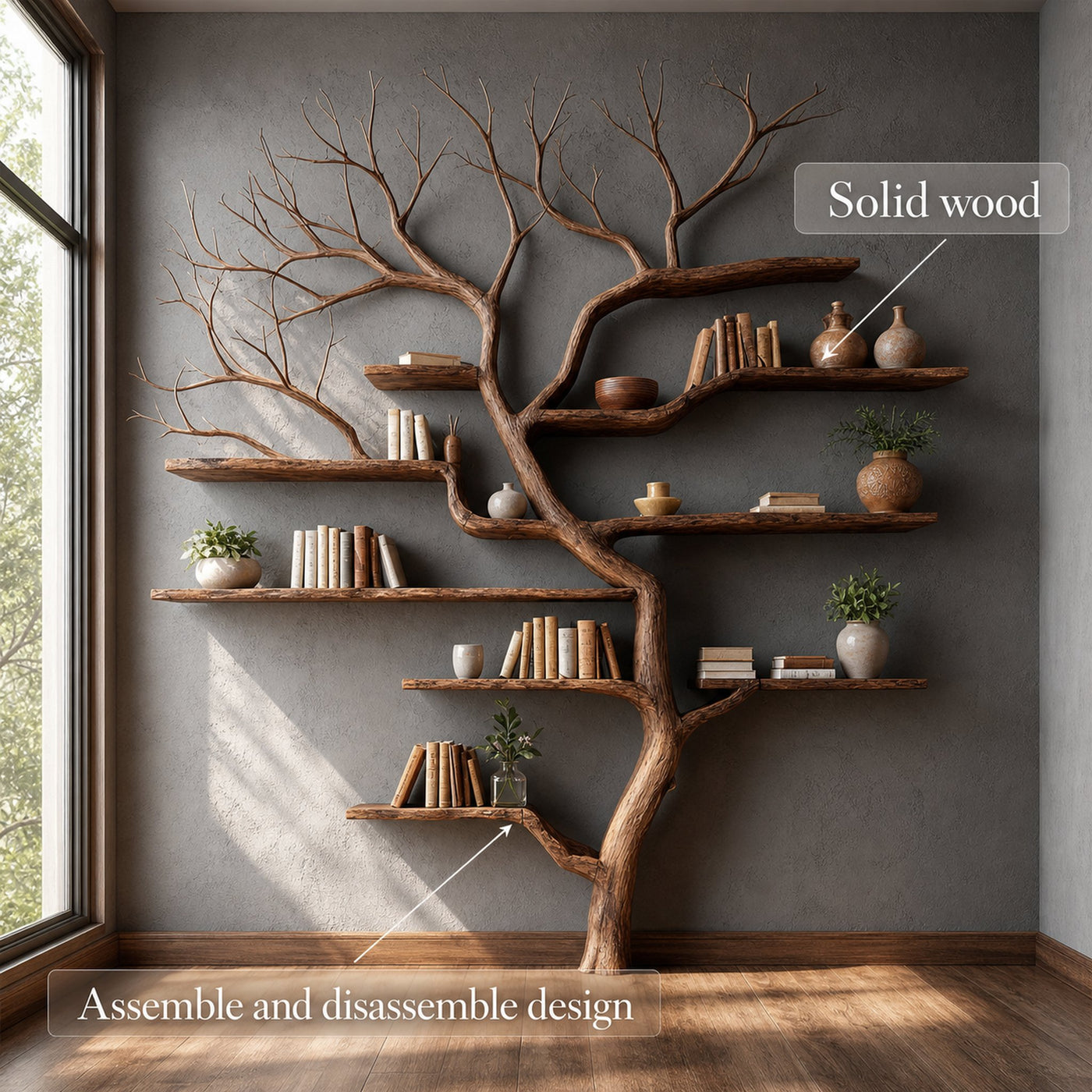 Rustic Tree Branch Bookshelf Living Wall - product view 6
