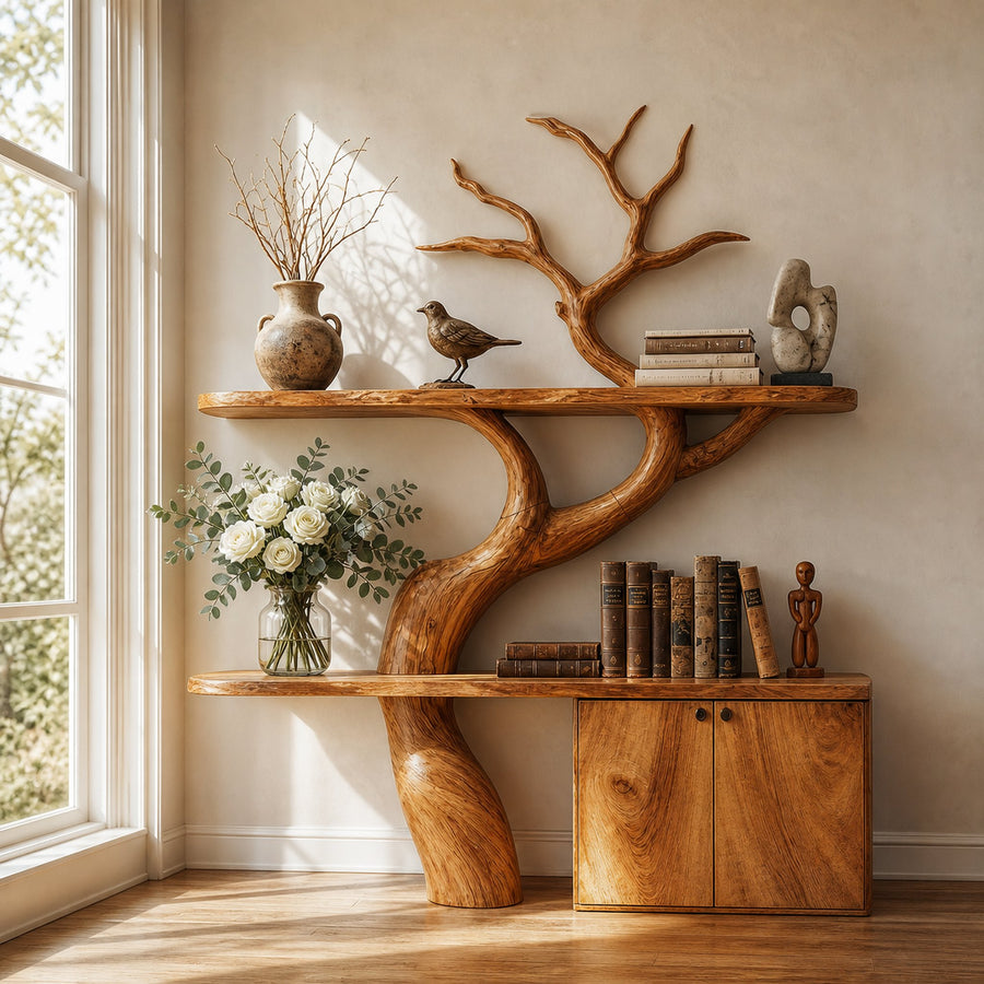 Rustic Tree Branch Bookshelf With Storage Cabinet For Living Room And Bedroom Space