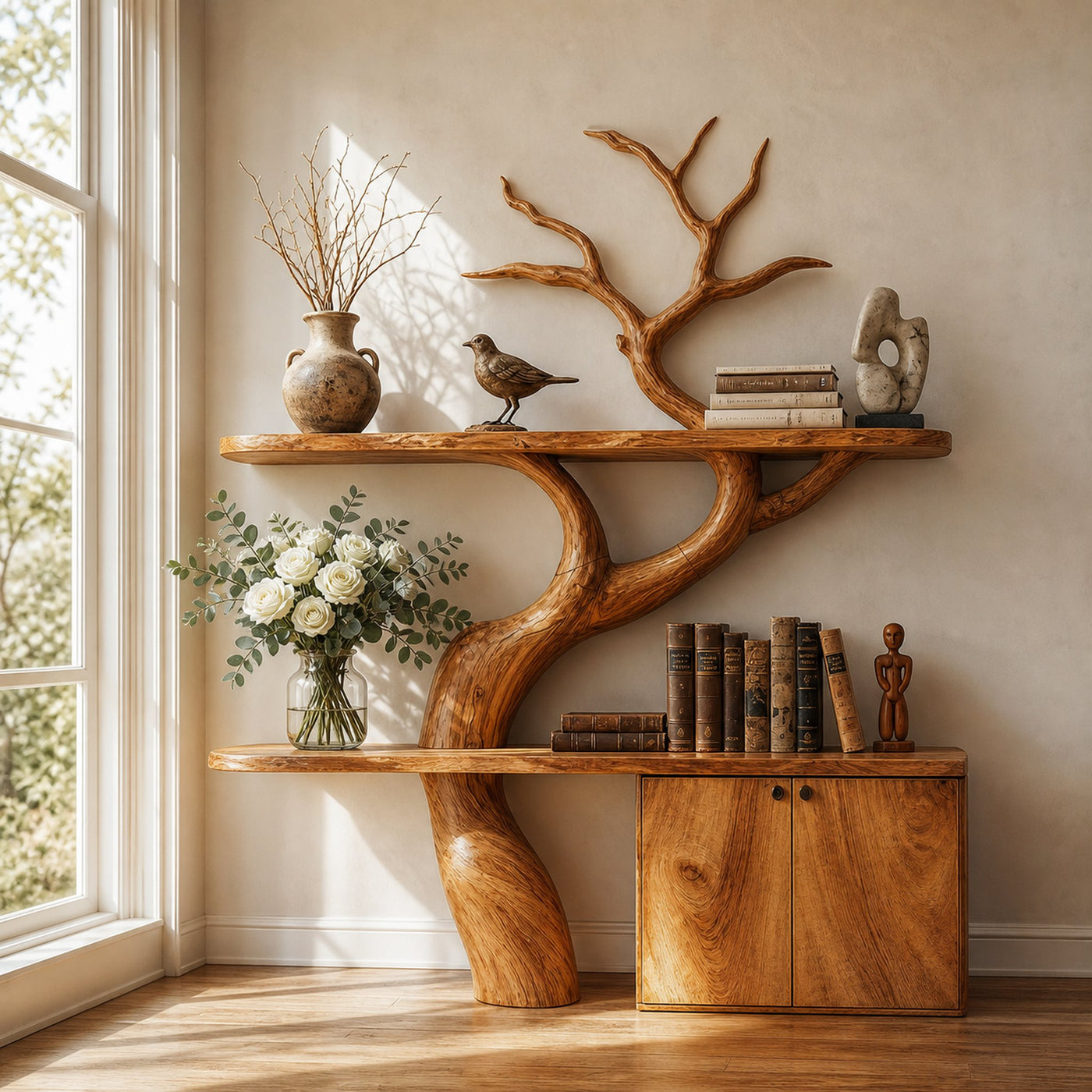 Rustic Tree Branch Bookshelf With Storage Cabinet For Living Room And Bedroom Space