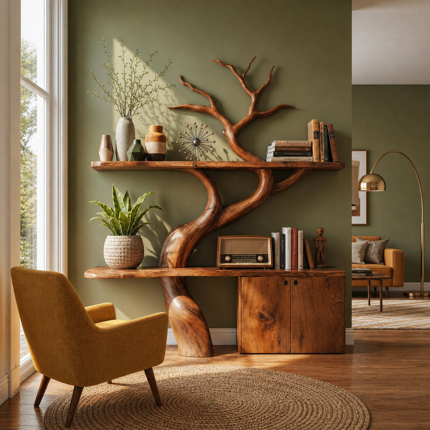 Rustic Tree Branch Bookshelf With Storage Cabinet For Living Room And Bedroom Space - product view 6