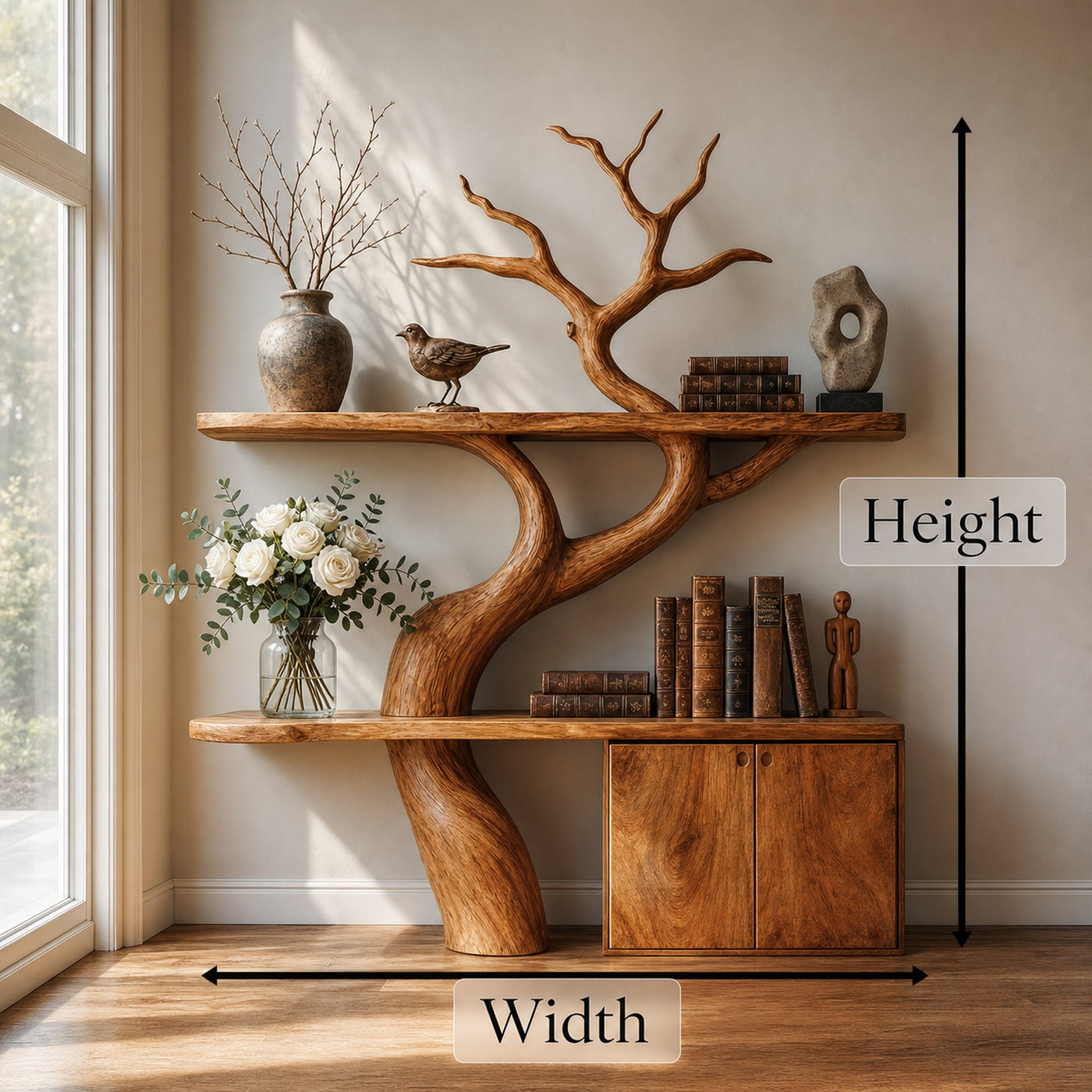 Rustic Tree Branch Bookshelf With Storage Cabinet For Living Room And Bedroom Space - product view 8