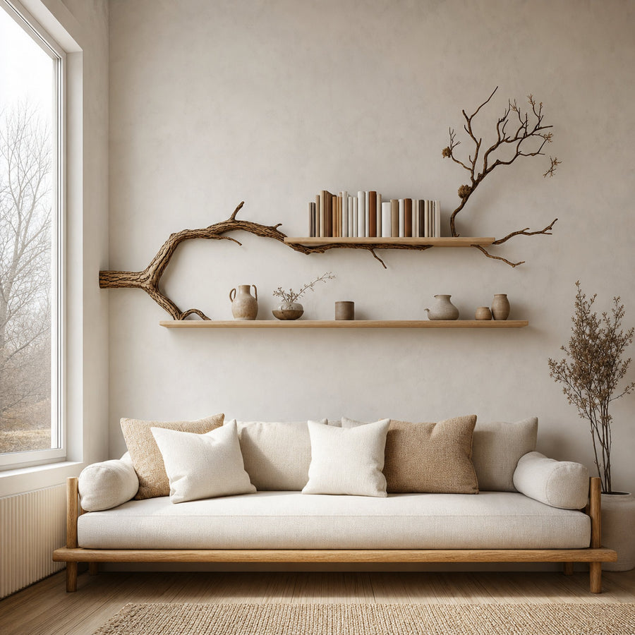 Rustic Tree Branch Display Shelf Contemporary Living Room