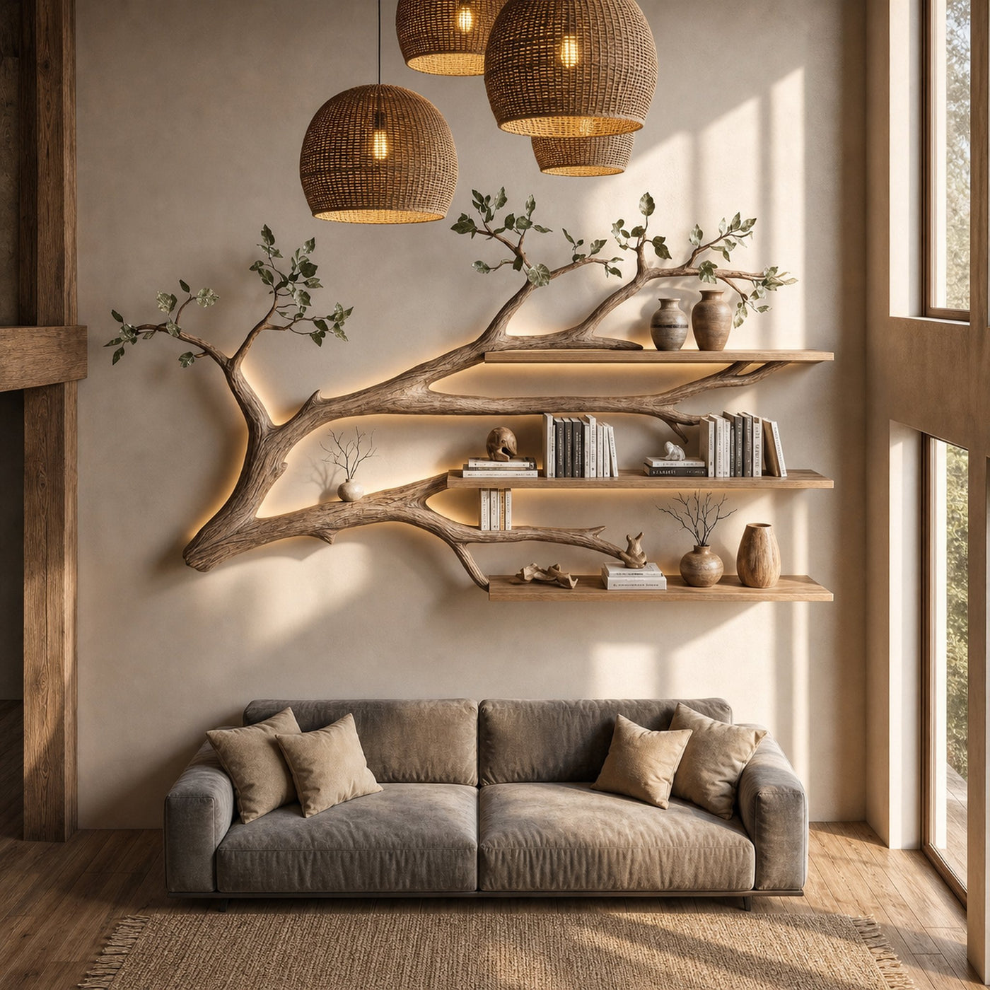 Rustic Tree Branch Floating Shelf Living Room - product view 2