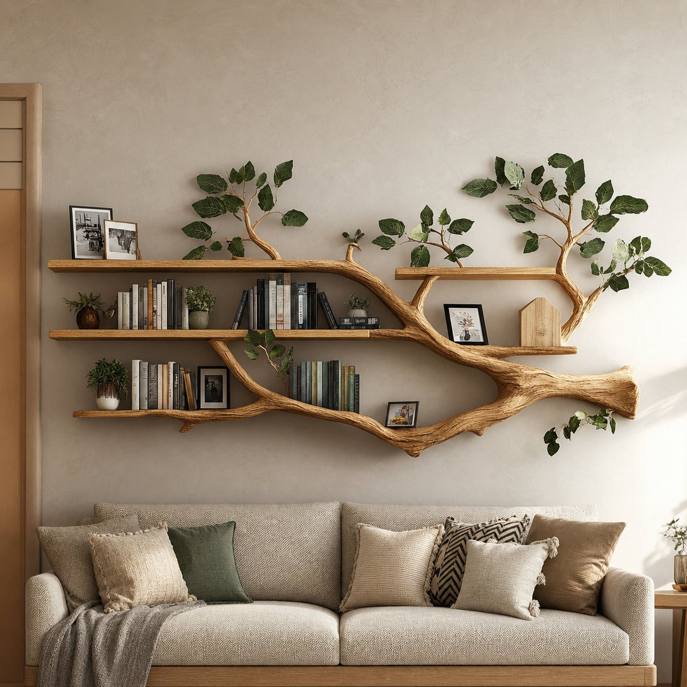 Rustic Tree Branch Shelf Modern Living Room Style