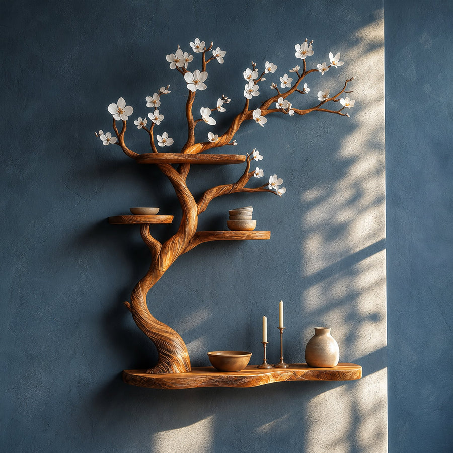 Rustic Tree Branch Shelf Solid Wood Floating Wall Decor