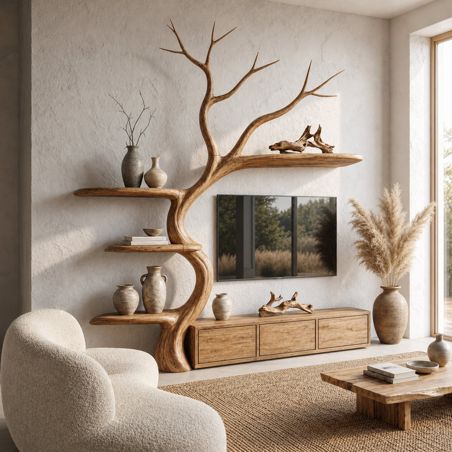 Rustic Tree Branch TV Cabinet With Integrated Display Shelves For Living Room
