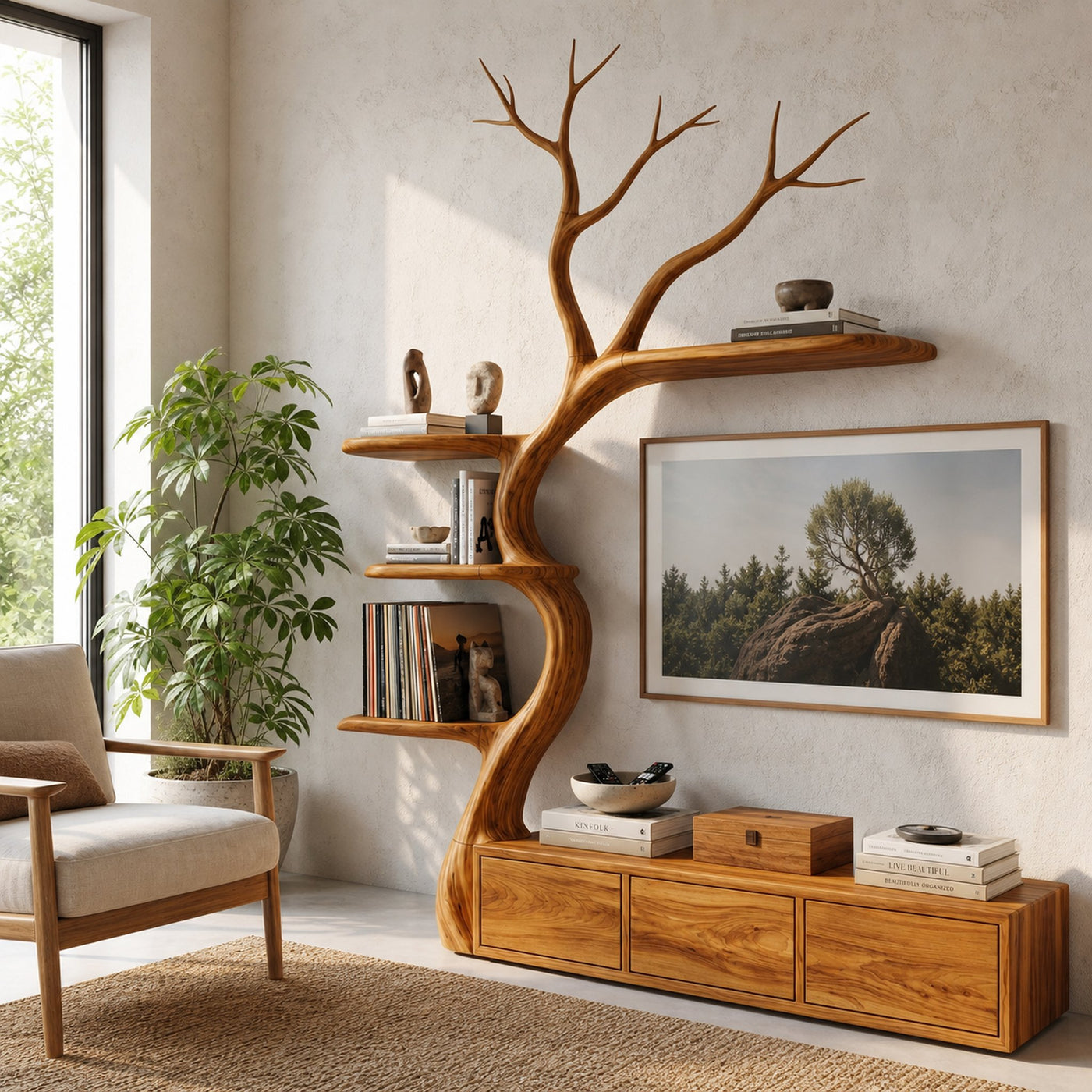 Rustic Tree Branch TV Cabinet With Integrated Display Shelves For Living Room - product view 6
