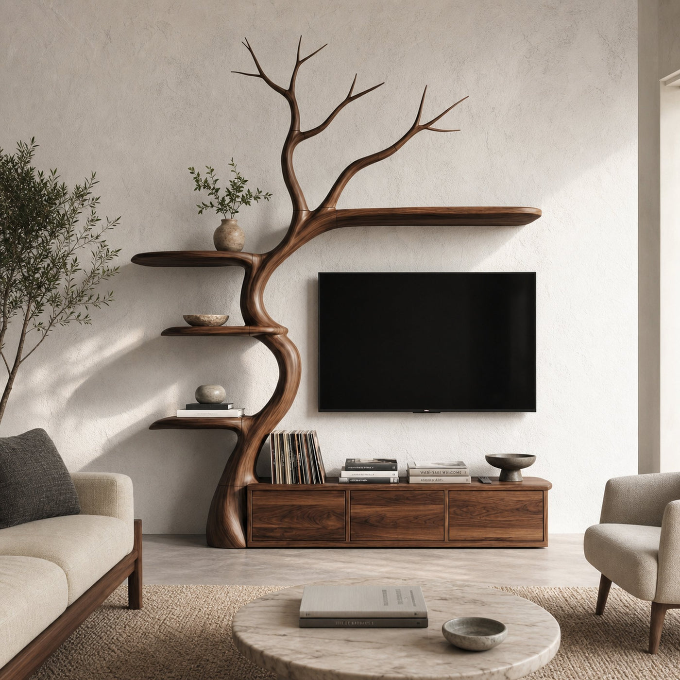 Rustic Tree Branch TV Cabinet With Integrated Display Shelves For Living Room - product view 7