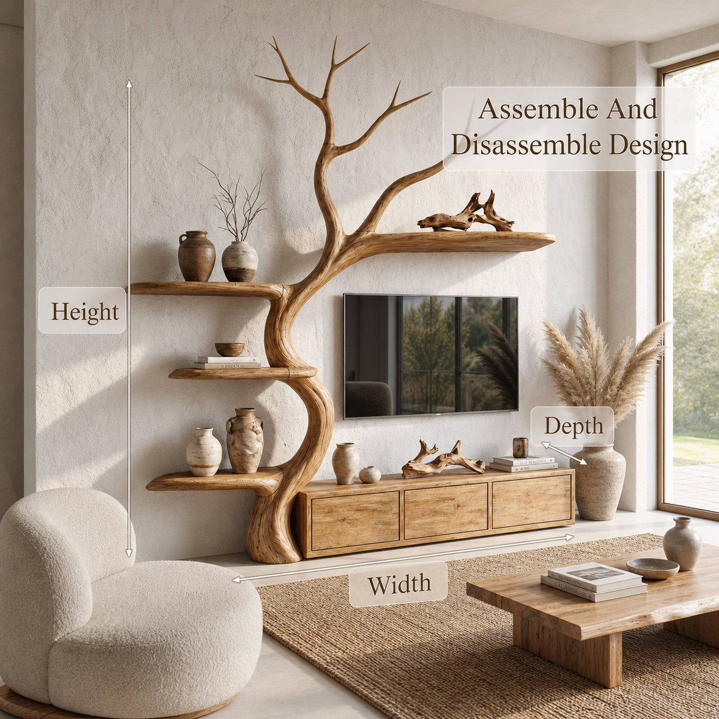 Rustic Tree Branch TV Cabinet With Integrated Display Shelves For Living Room - product view 8