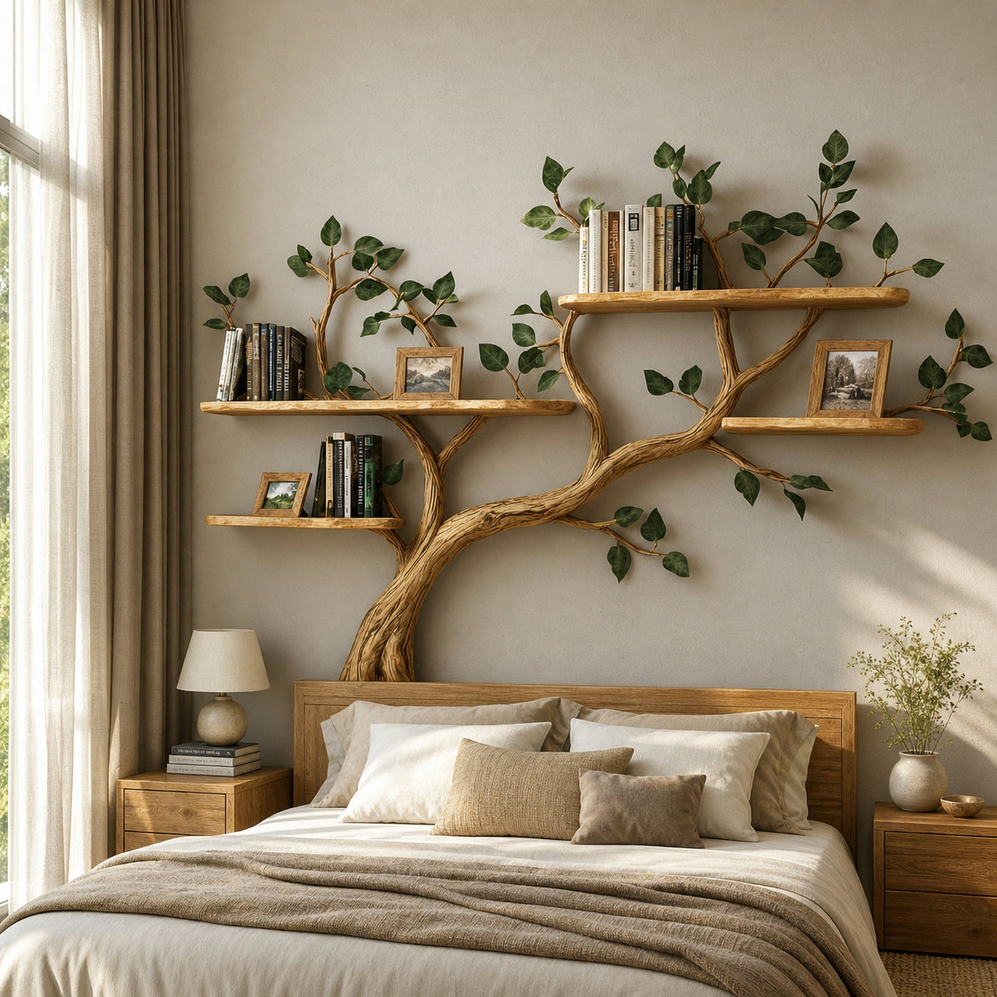 Rustic Tree Branch Wall Art Shelf Contemporary Bedroom - product view 2