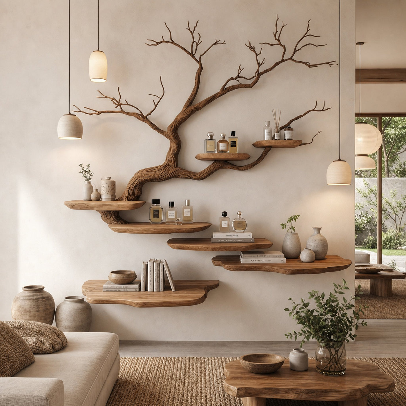 Rustic Tree Branch Wall Mounted Bookshelf For Living Room And Bedroom Space