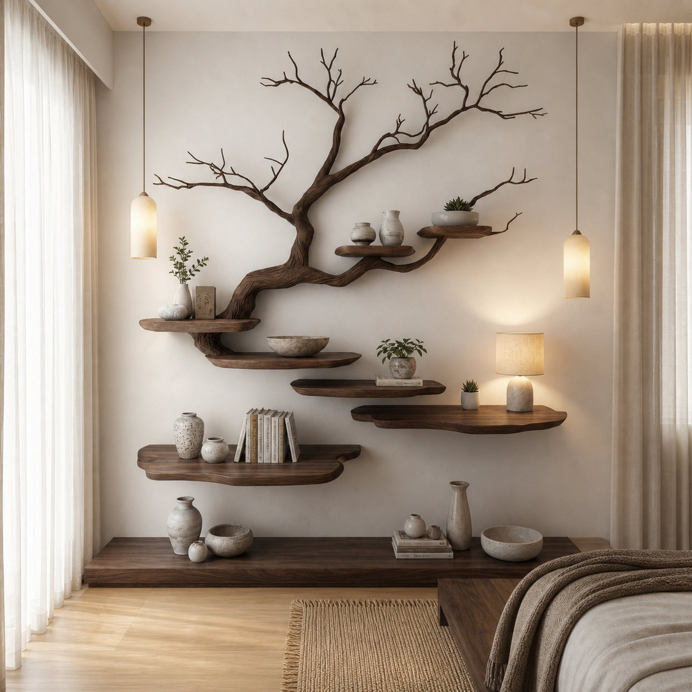 Rustic Tree Branch Wall Mounted Bookshelf For Living Room And Bedroom Space - product view 7