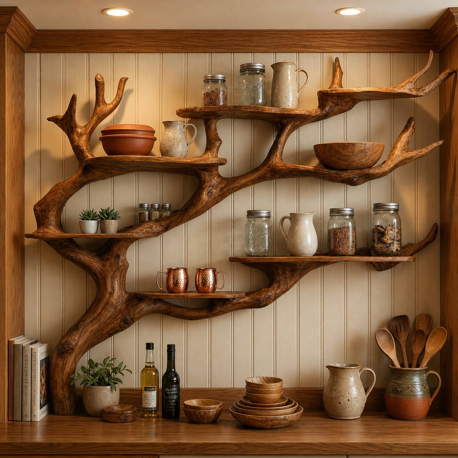 Rustic Tree Branch Wall Shelf Kitchen Storage Display Decor