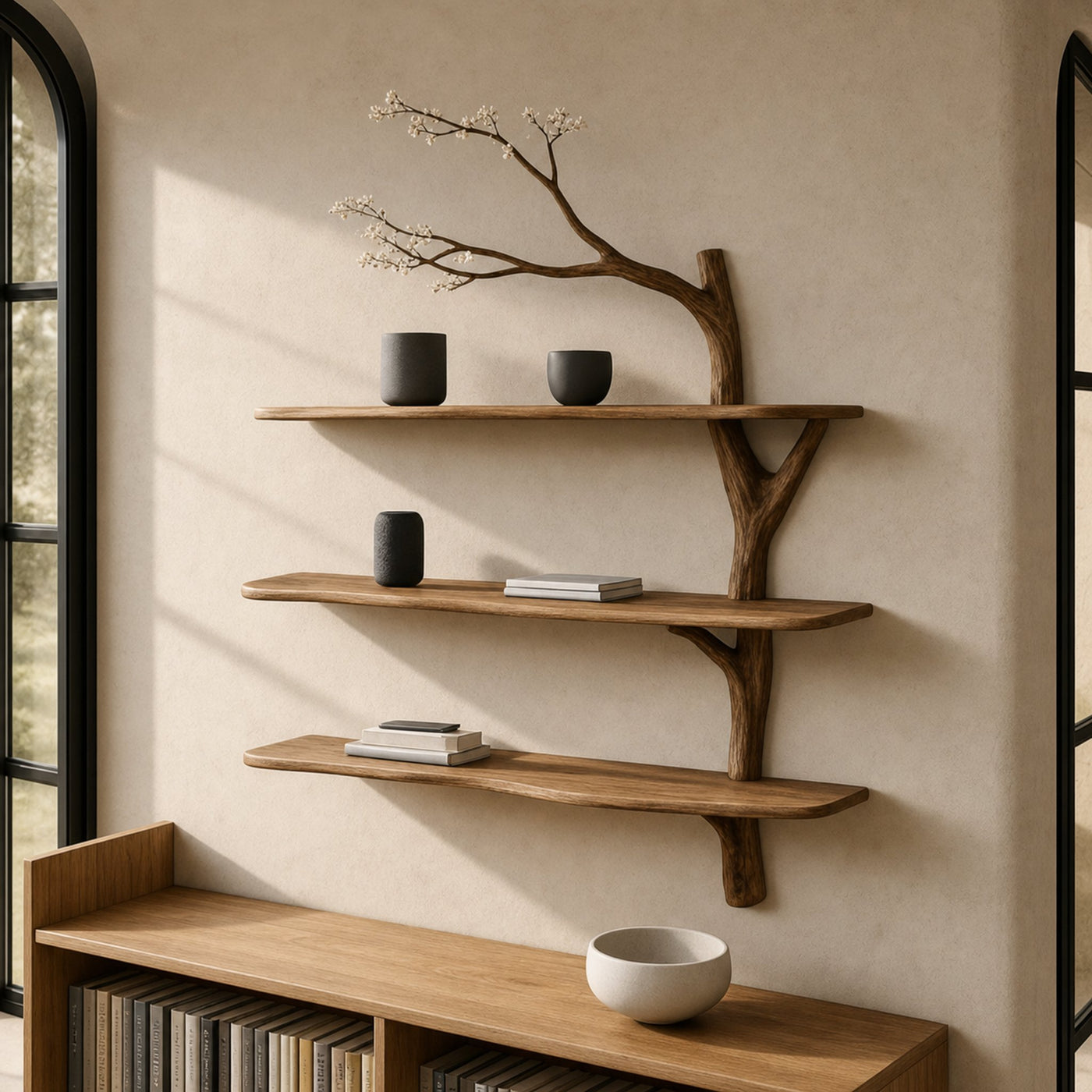Rustic Tree Branch Wall Shelf Living Room Sculptural Floating Wood Shelves Decor