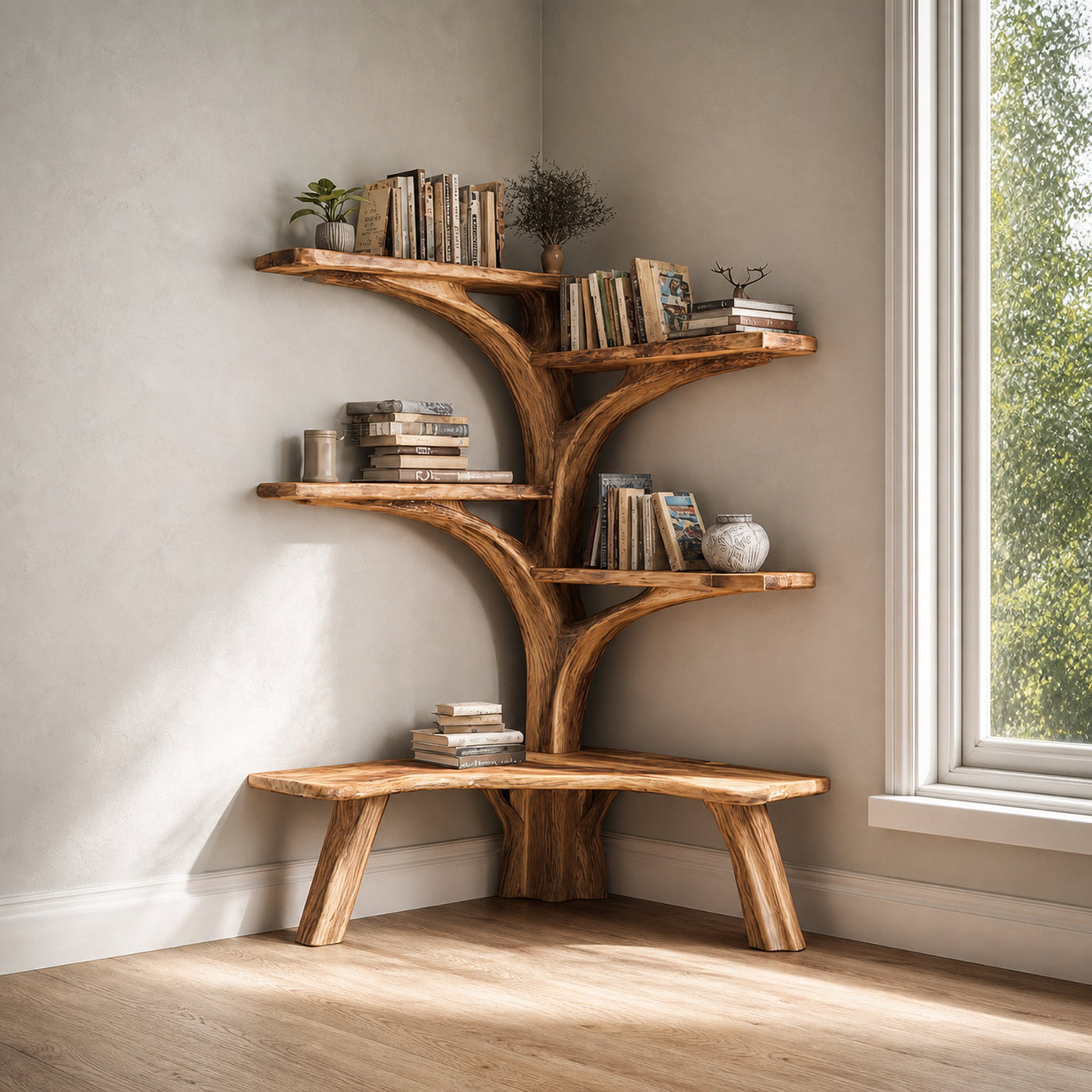 Rustic Tree Corner Bookshelf Bench Living Room
