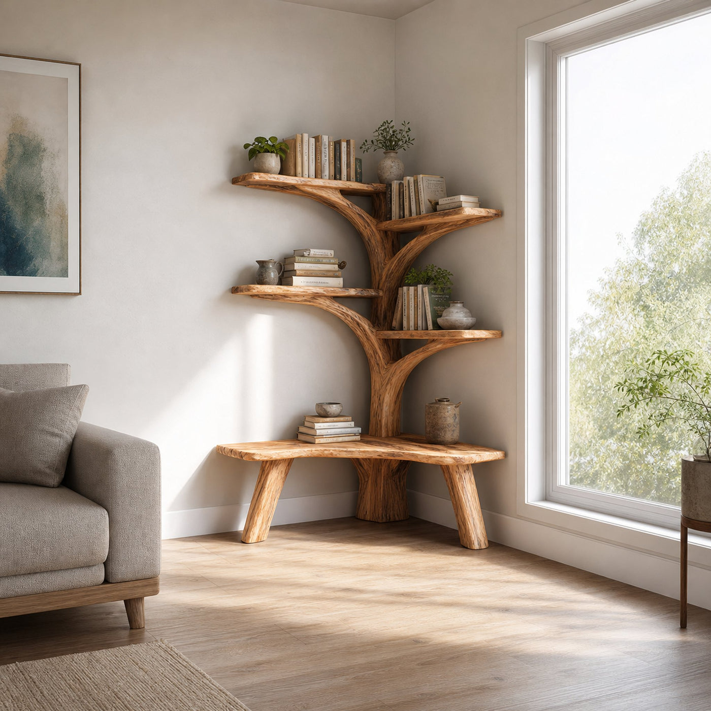 Rustic Tree Corner Bookshelf Bench Living Room - product view 2