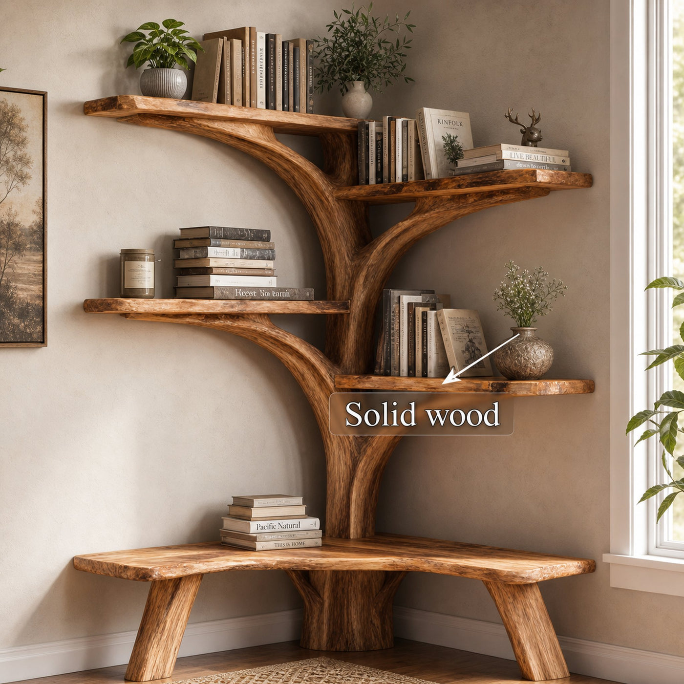 Rustic Tree Corner Bookshelf Bench Living Room - product view 3