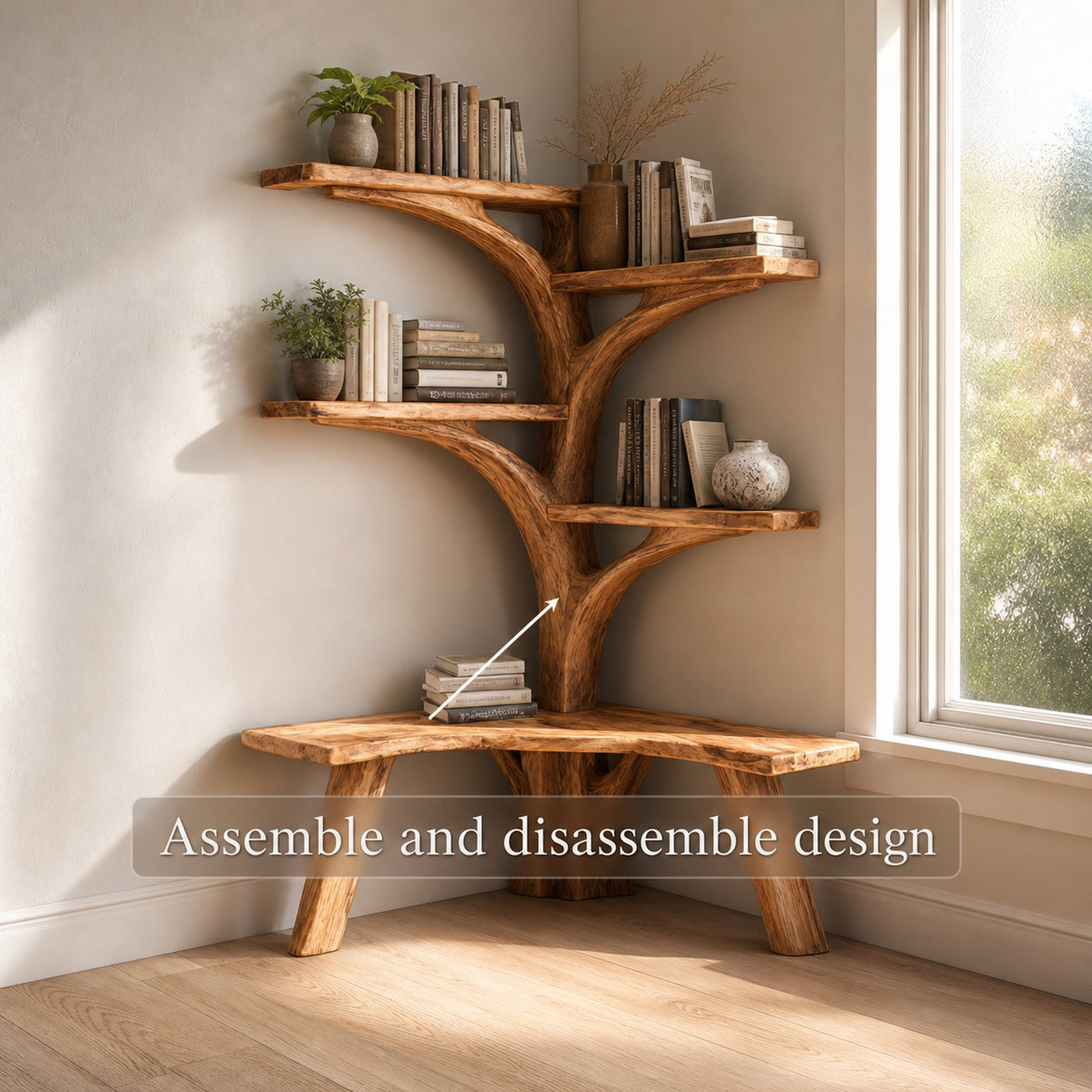 Rustic Tree Corner Bookshelf Bench Living Room - product view 4