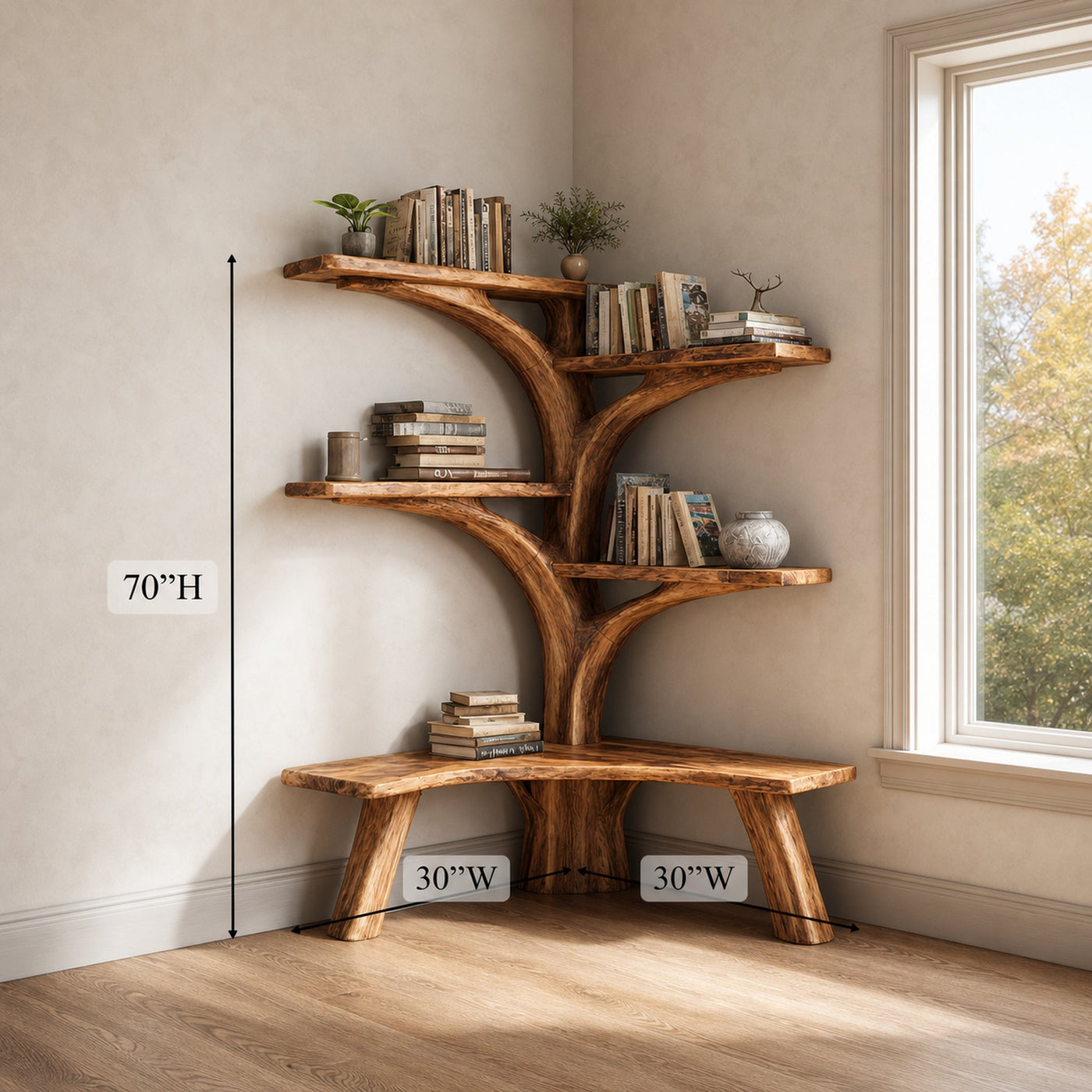 Rustic Tree Corner Bookshelf Bench Living Room - product view 5