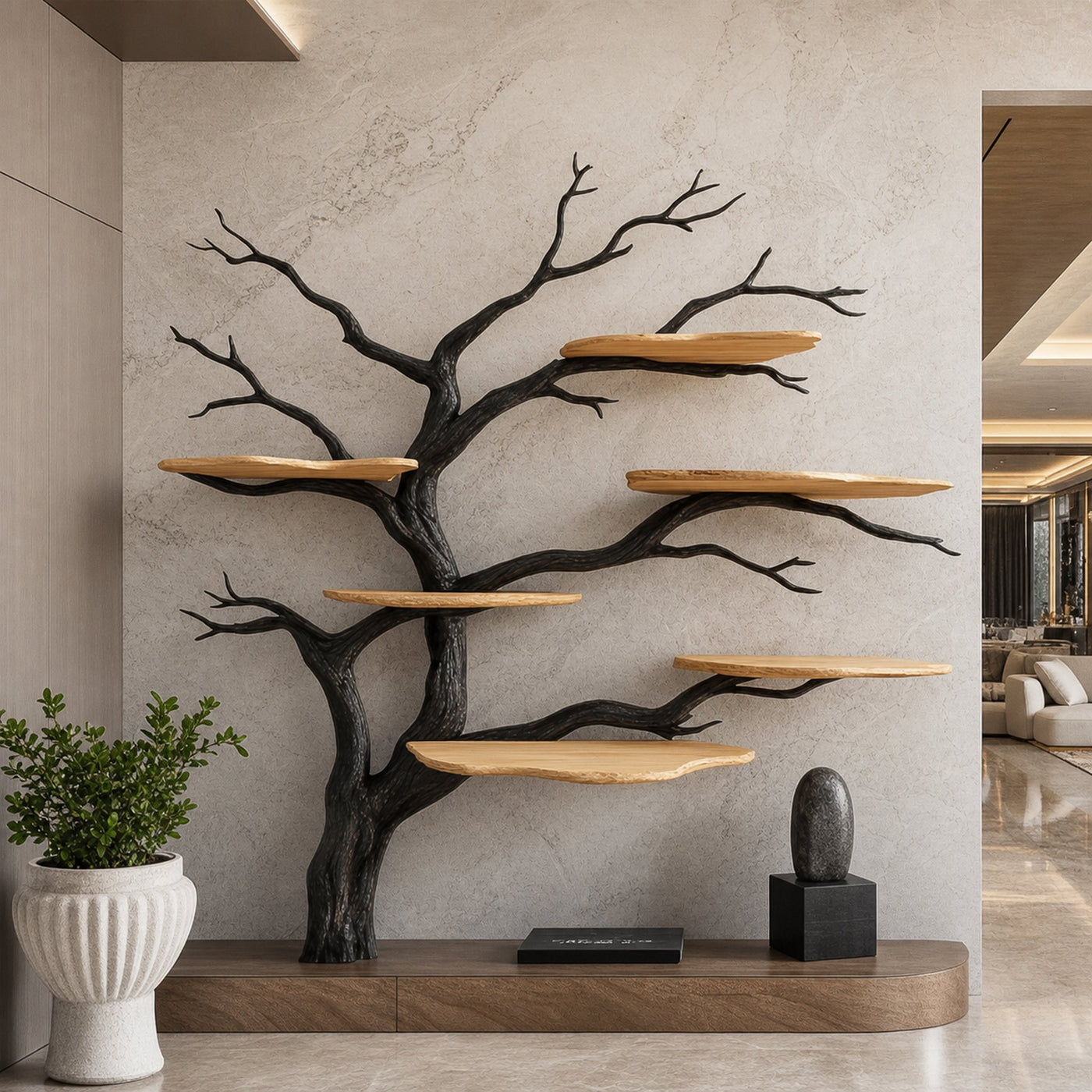 Rustic Tree Display Shelf Modern Living Room