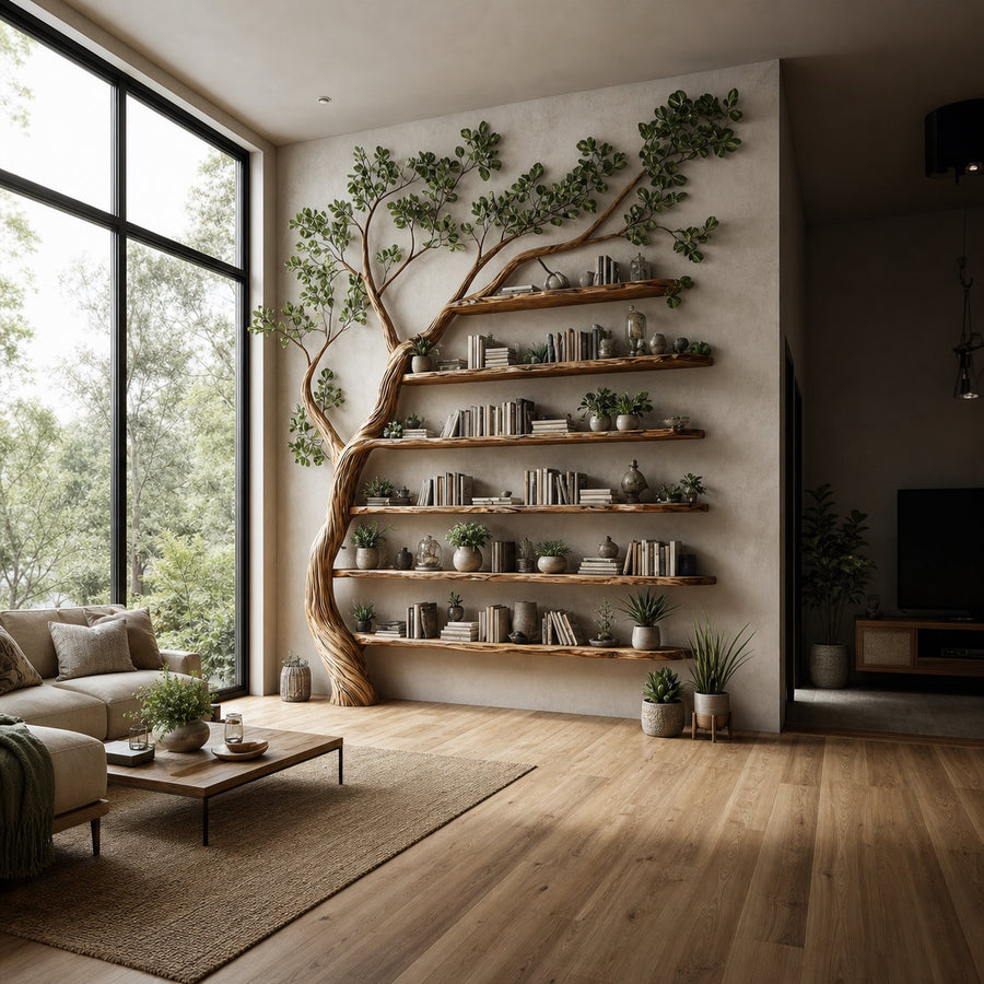 Rustic Tree Display Shelf Modern Living Room