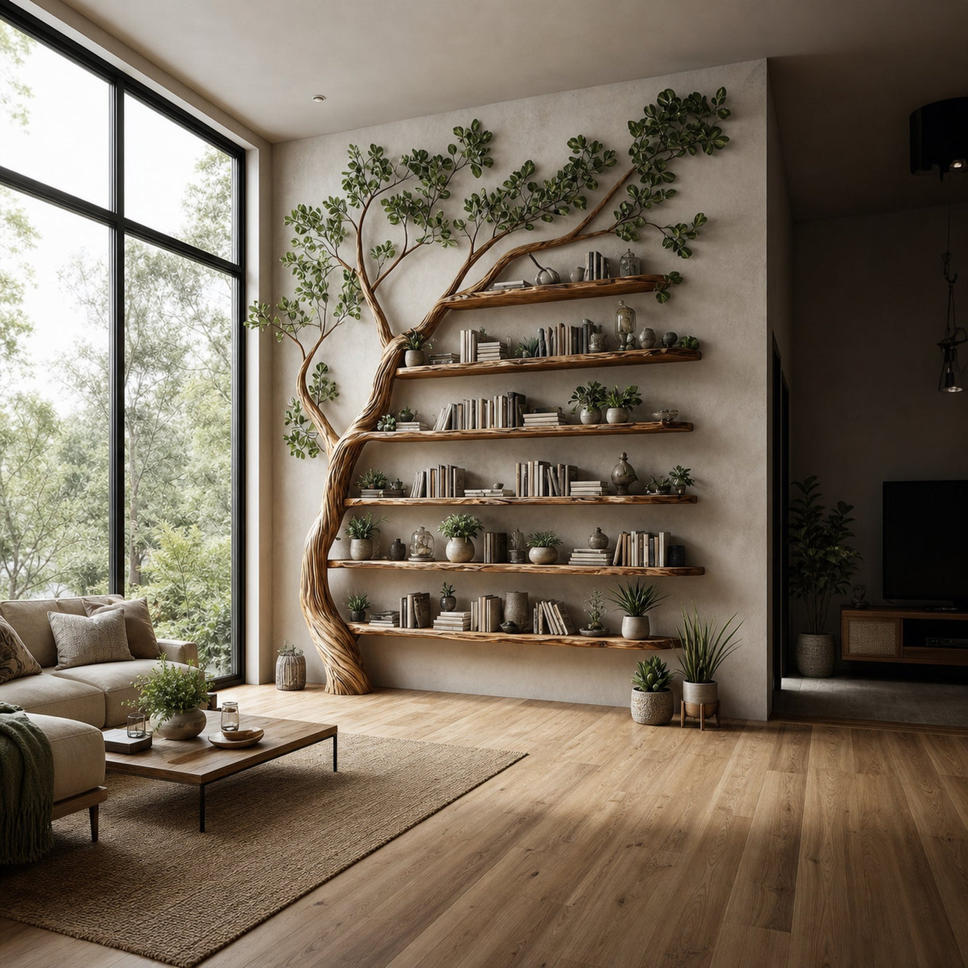 Rustic Tree Display Shelf Modern Living Room