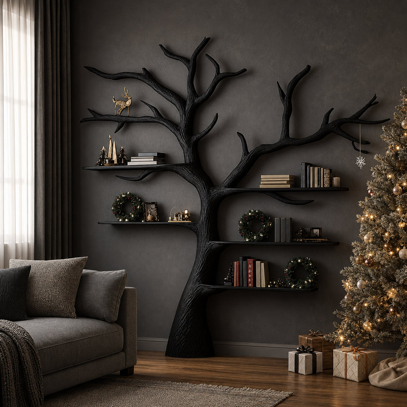 Rustic Tree Inspired Bookshelf Christmas Halloween Holiday Decor