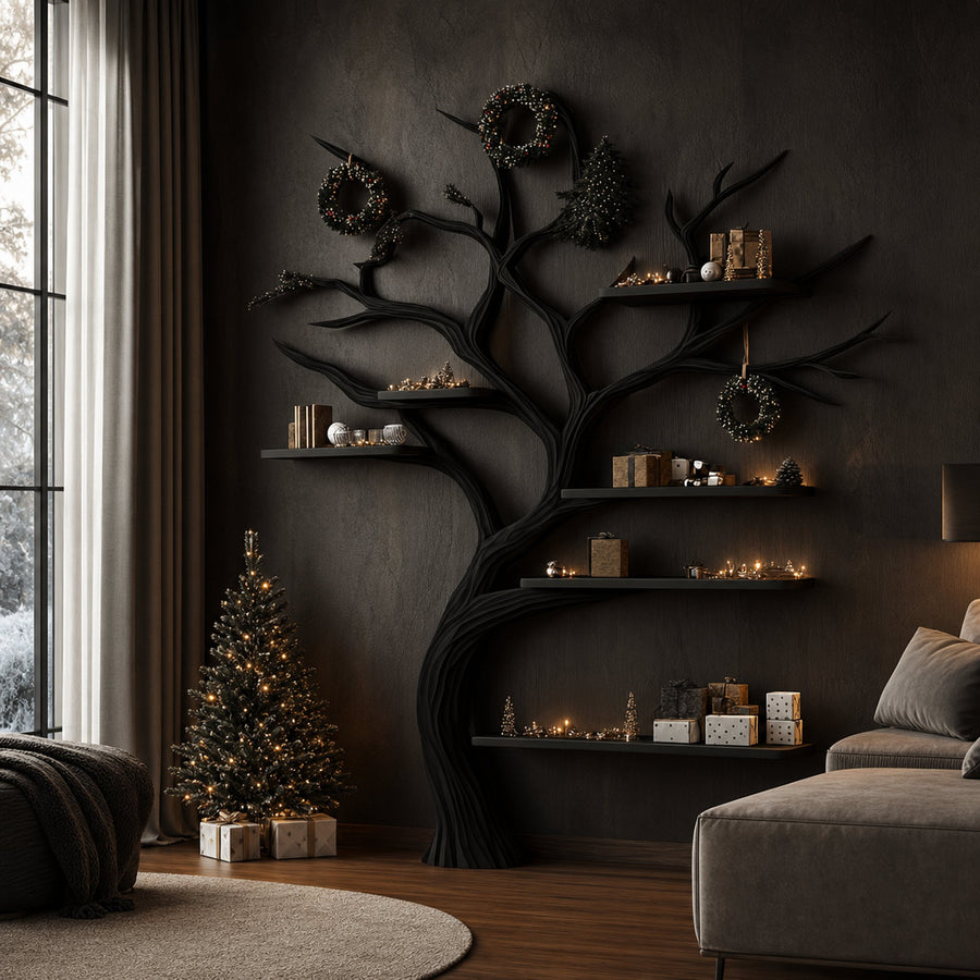 Rustic Tree Inspired Bookshelf Living Room Christmas Decor