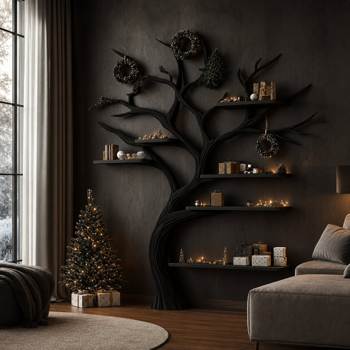 Rustic Tree Inspired Bookshelf Living Room Christmas Decor