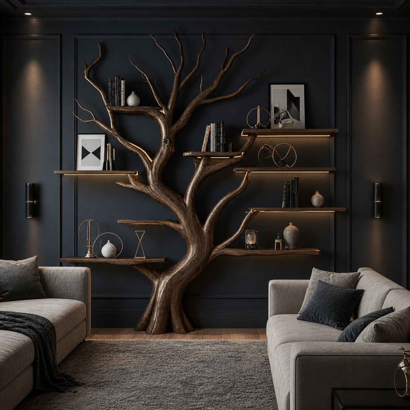 Rustic Tree Inspired Shelf Living Room Reading Nook Decor