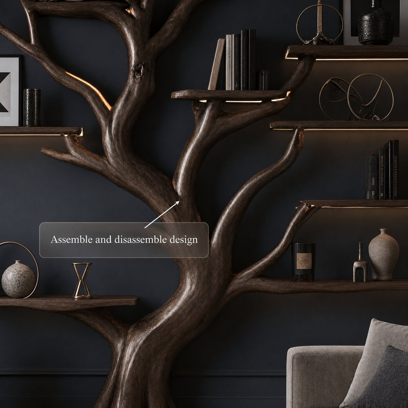Rustic Tree Inspired Shelf Living Room Reading Nook Decor - product view 3