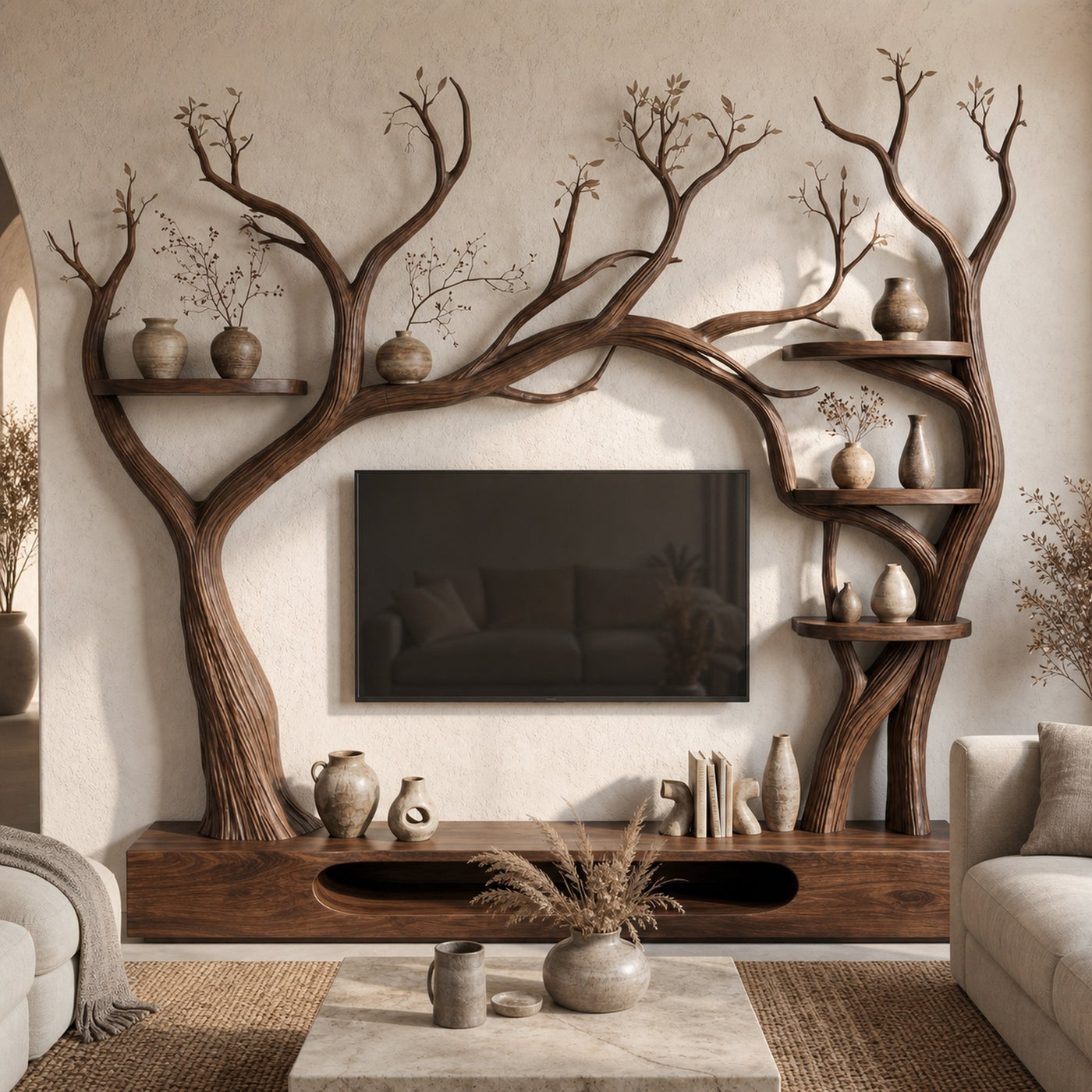 Rustic Tree Inspired TV Stand For Living Room And Interior Decor