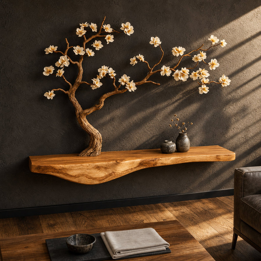 Rustic Tree Inspired Wall Shelf Solid Wood For Japandi Style Room
