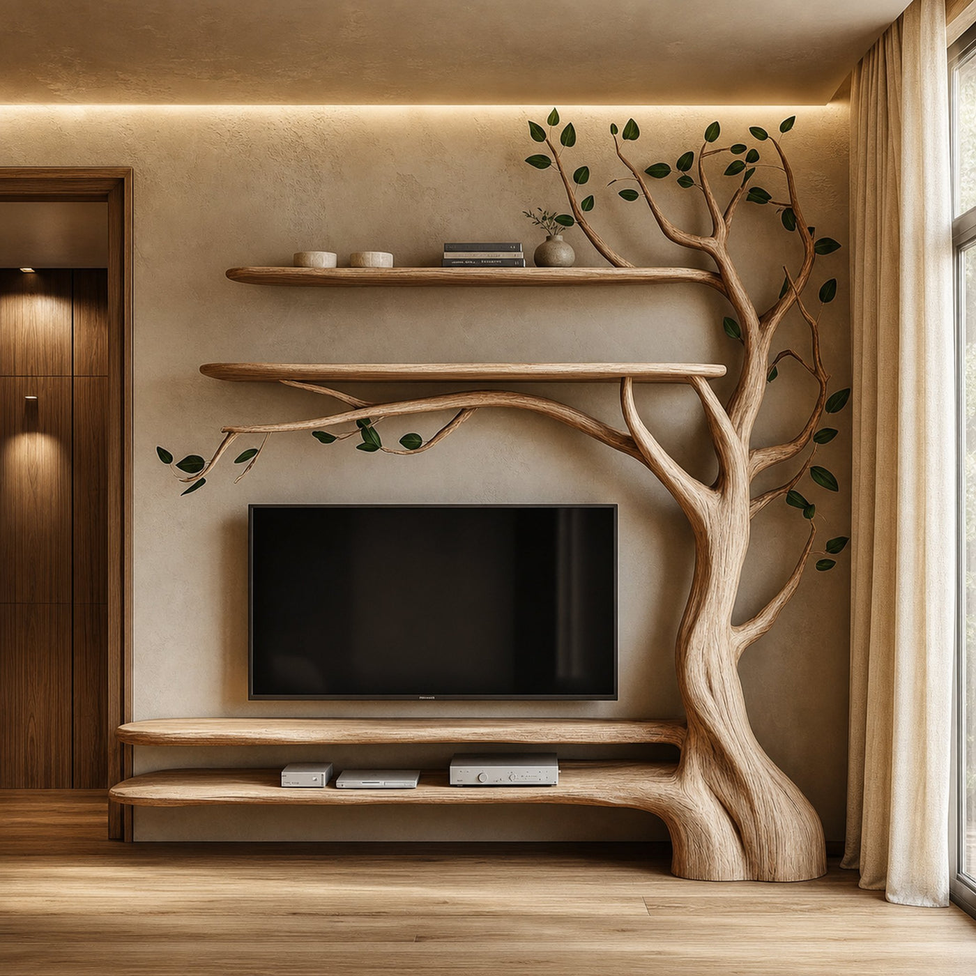 Rustic Tree Media Shelf Modern Living Space
