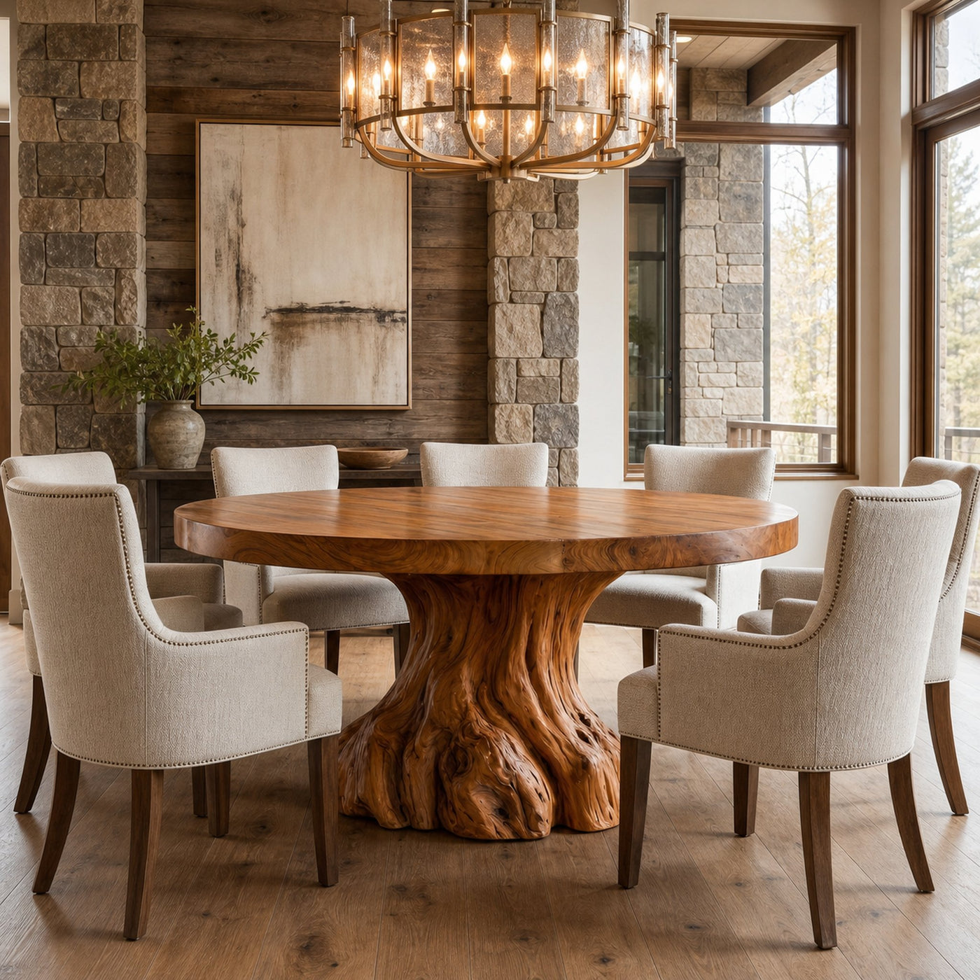 Rustic Tree Root Round Dining Table For Dining Room And Kitchen