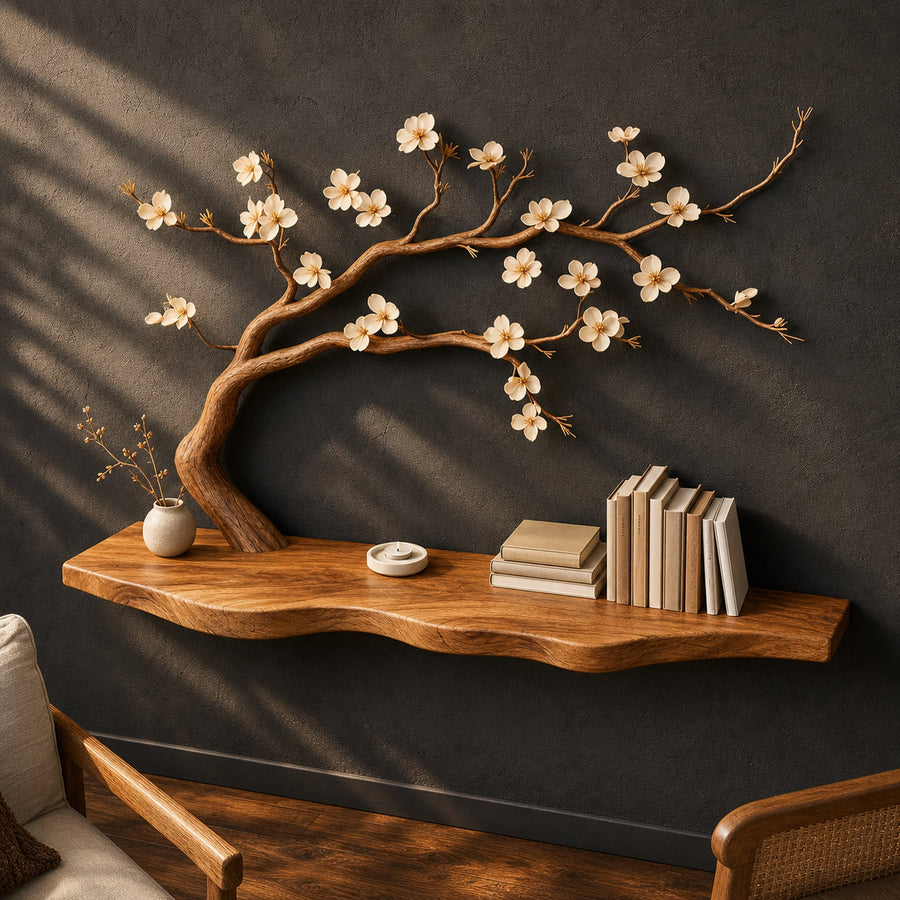 Rustic Tree Shelf Natural Wood Wall Decor For Spa Bathroom