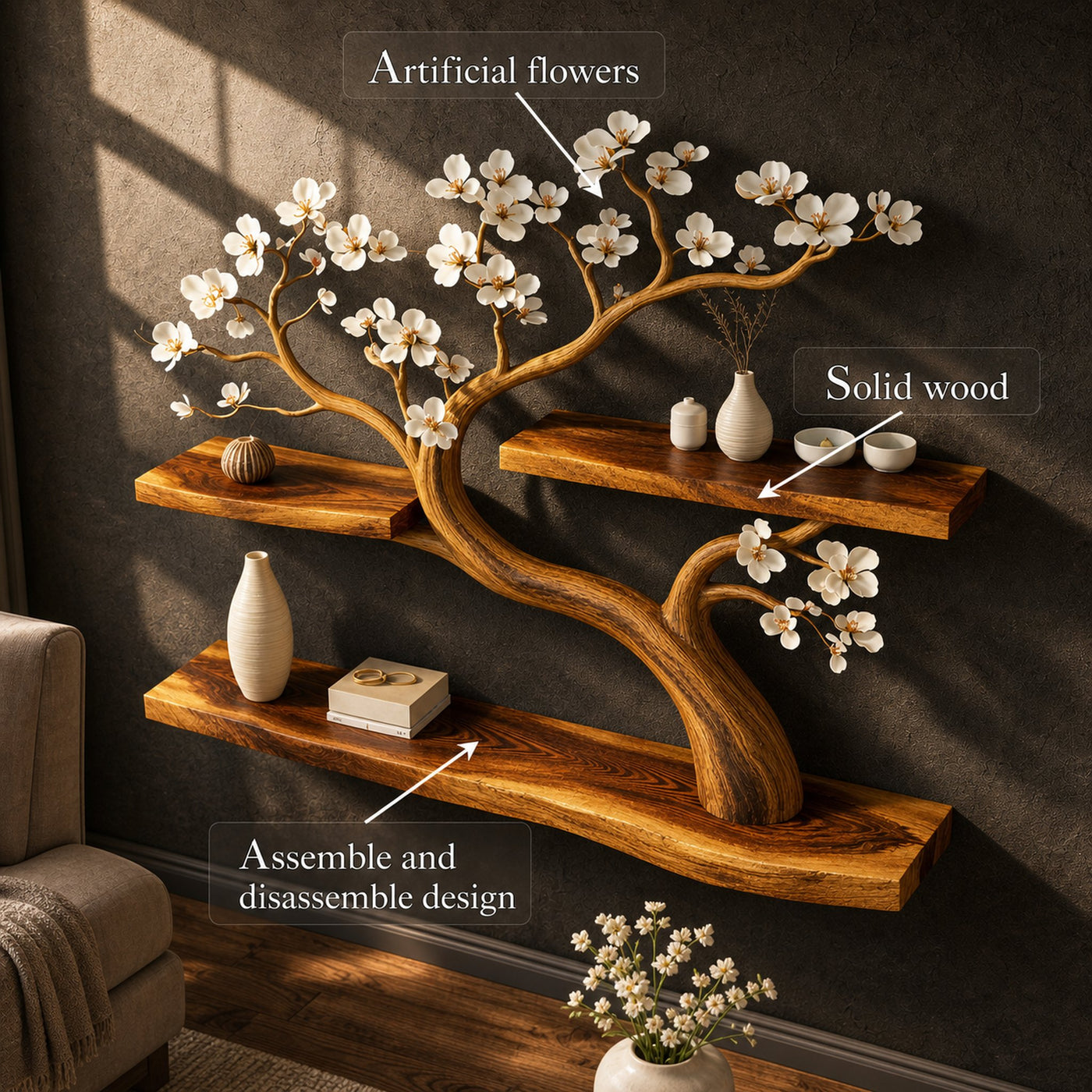 Rustic Tree Shelf Wall Decor Handmade For Entryway - product view 3