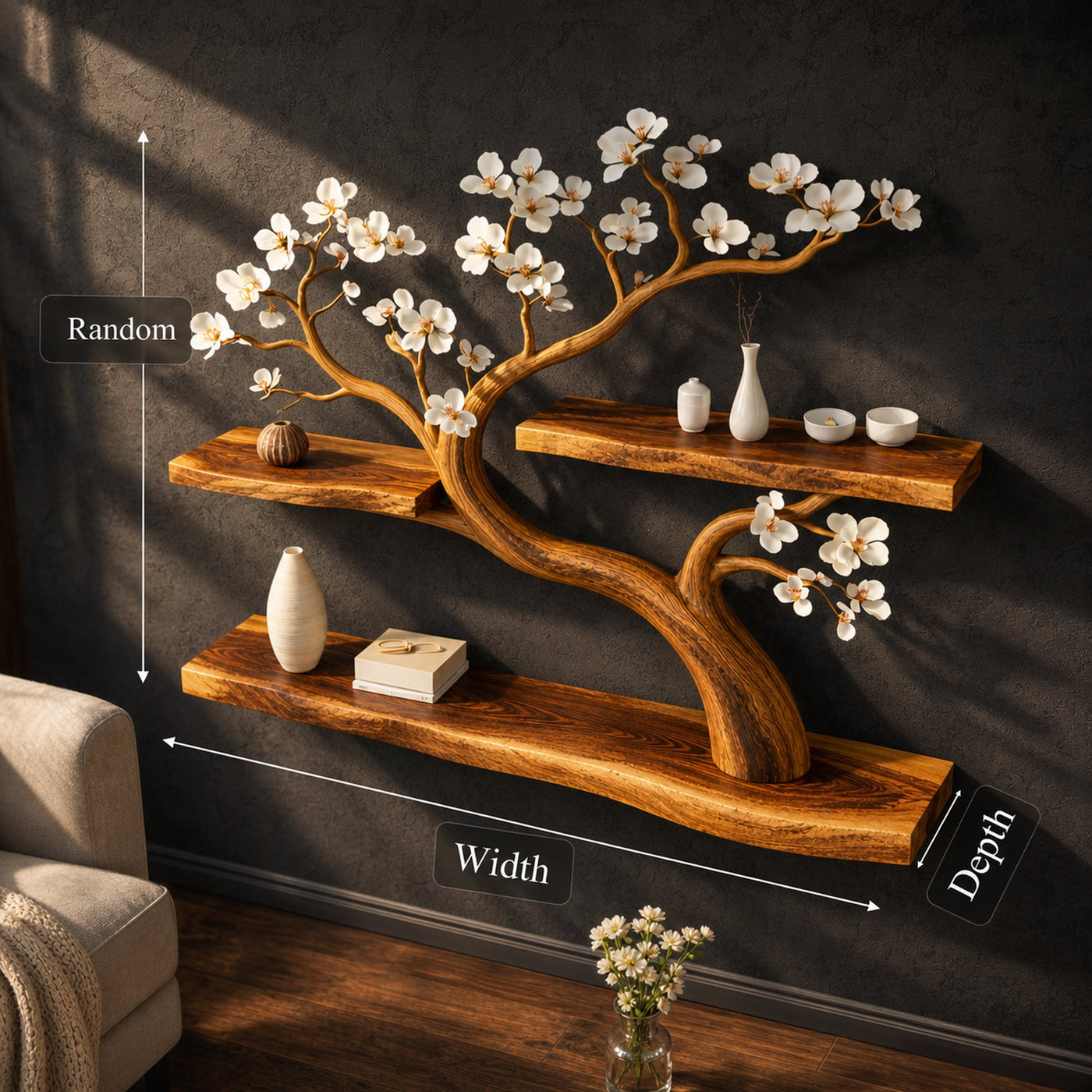 Rustic Tree Shelf Wall Decor Handmade For Entryway - product view 4