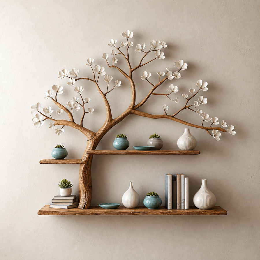 Rustic Tree Shelf Wall Living Room