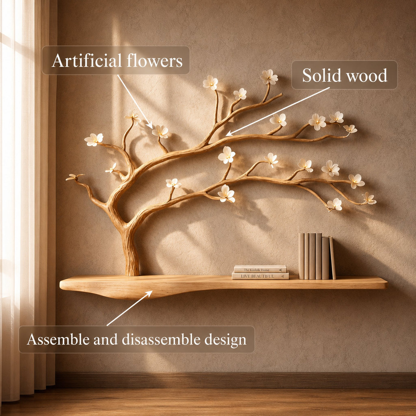 Rustic Tree Shelf Wall Mounted Bookcase For Living Room Decor - product view 3