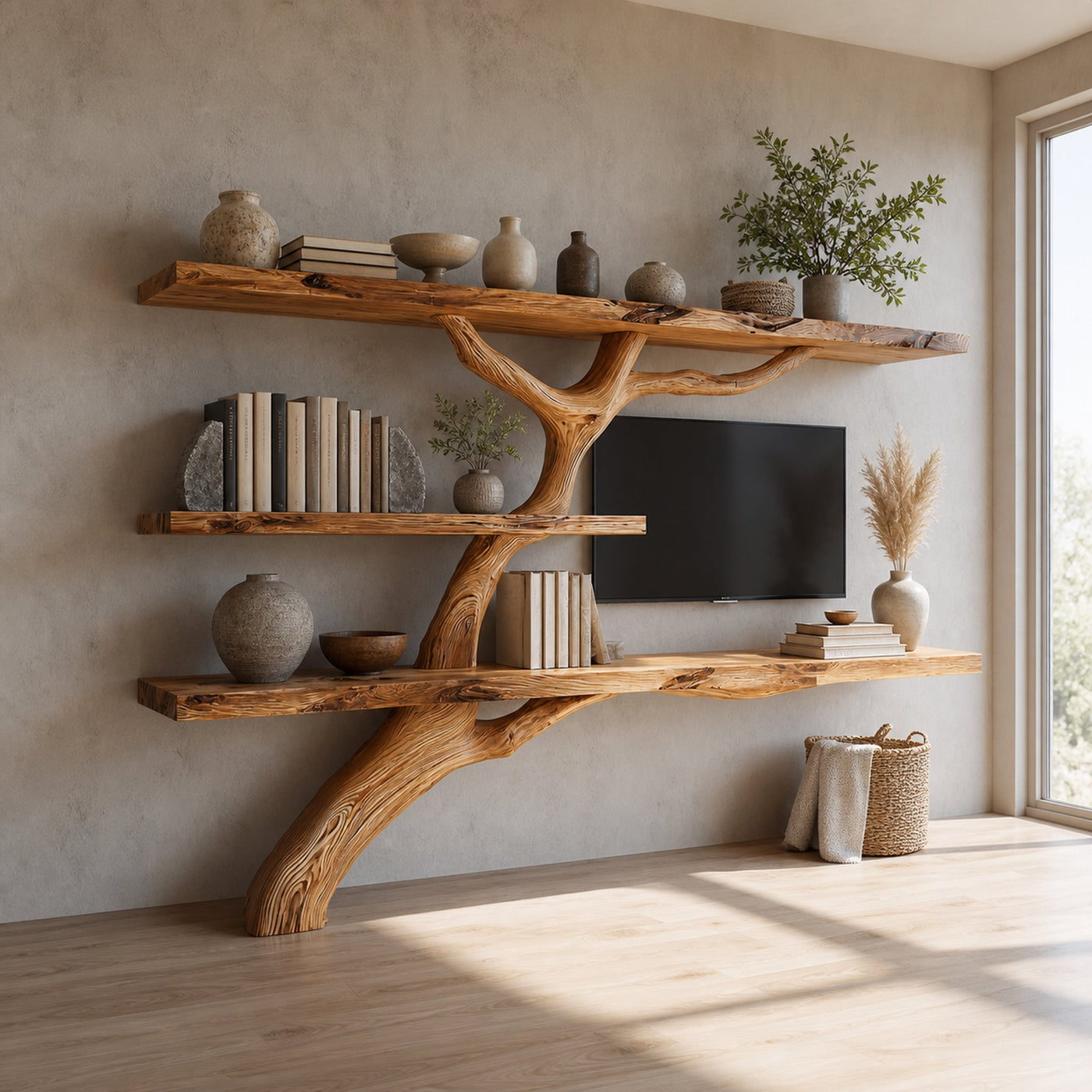 Rustic Tree TV Console Living Room Bedroom Wall Display