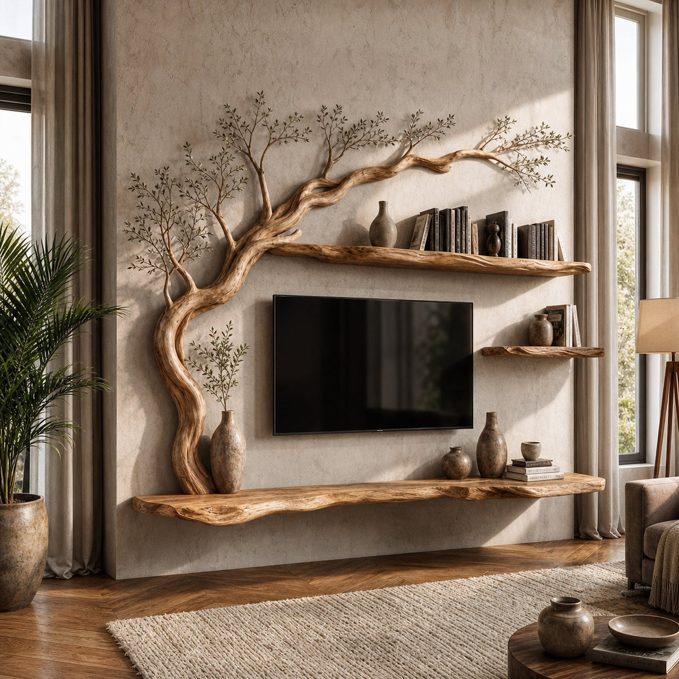 Rustic Tree TV Wall Shelf For Living Room And Lounge