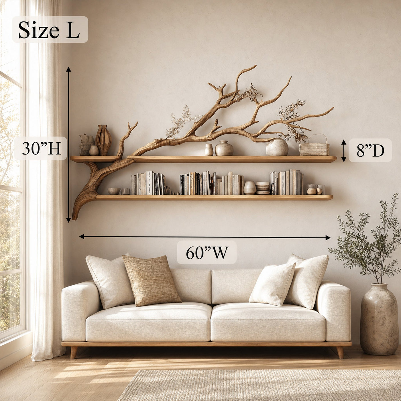 Rustic Tree Wall Art Shelf Modern Living Room - product view 6