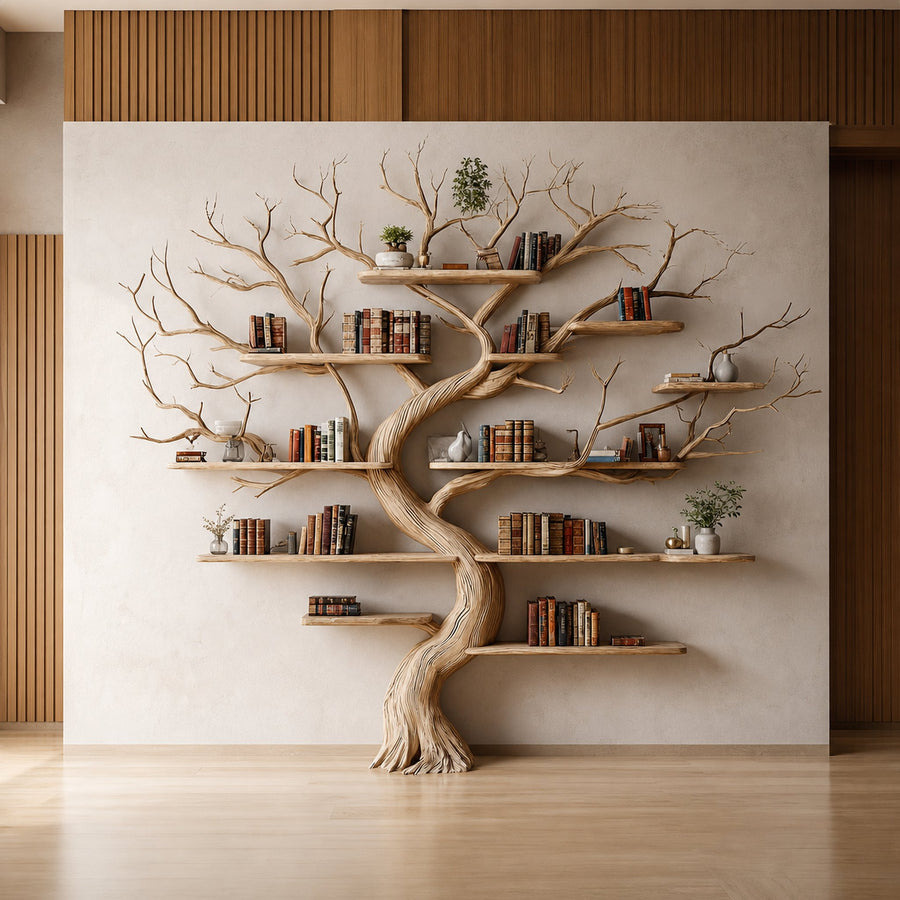 Rustic Tree Wall Bookshelf Bedroom Lounge