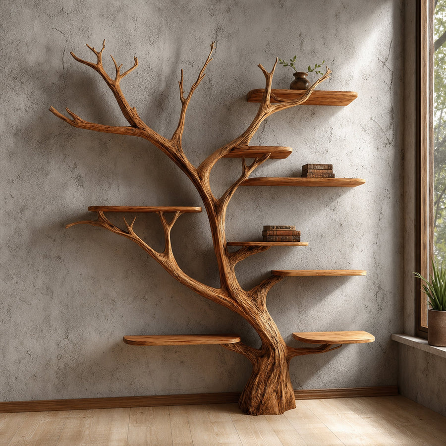 Rustic Tree Wall Bookshelf Entryway Study