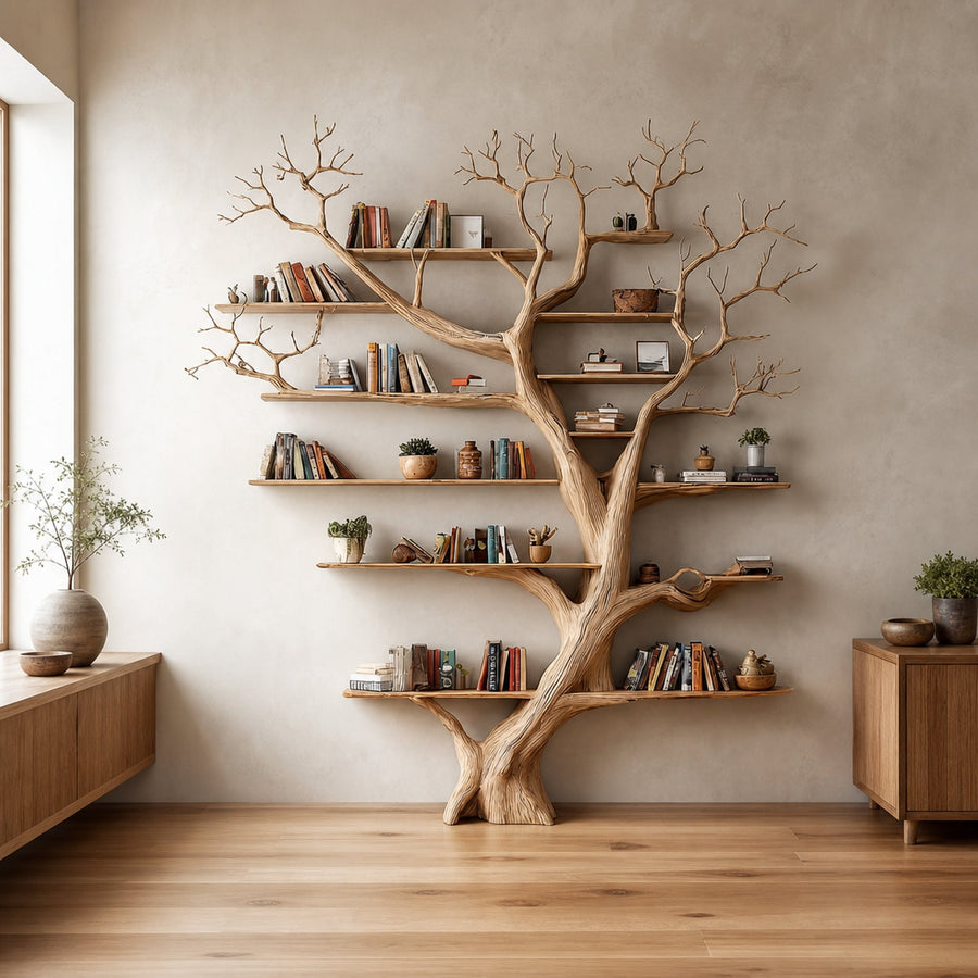 Rustic Tree Wall Bookshelf Living Guest Room
