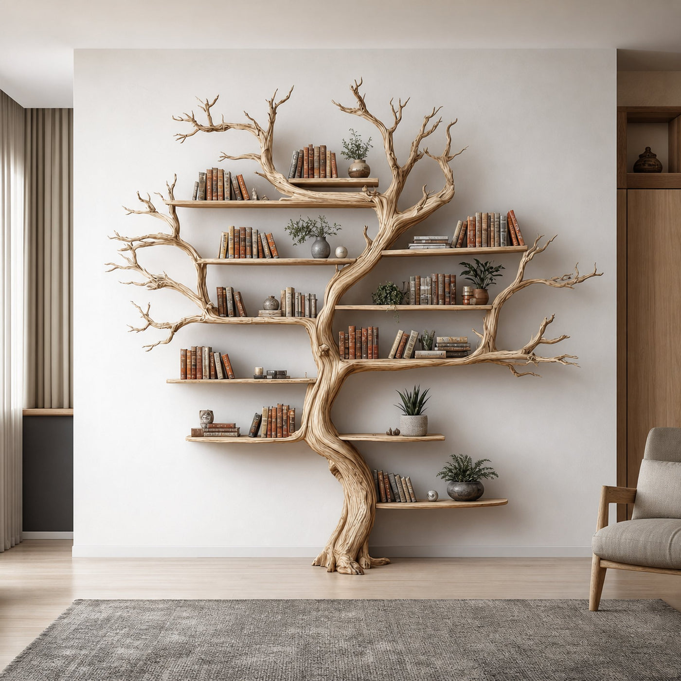 Rustic Tree Wall Bookshelf Living Room
