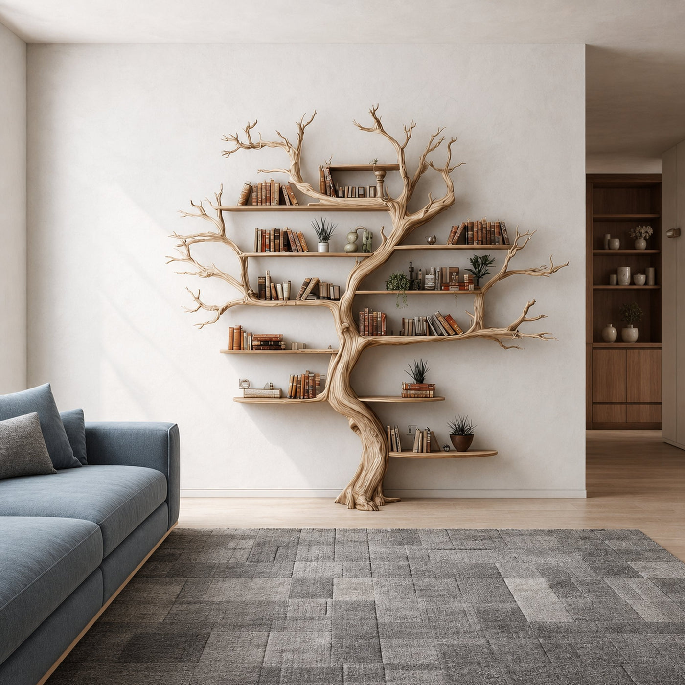 Rustic Tree Wall Bookshelf Living Room - product view 2